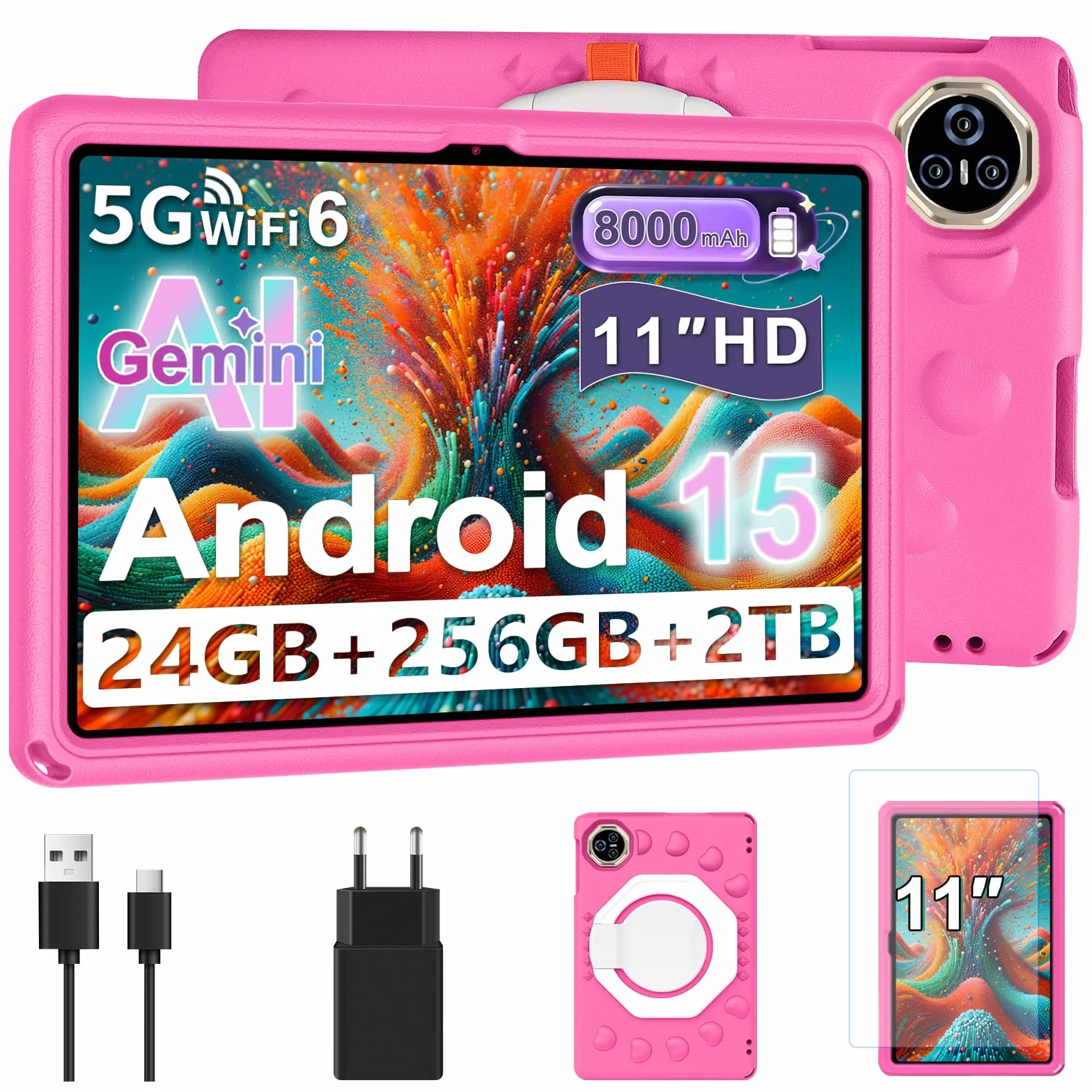 Tablet Android 15, 11 Pollici Tablet per Bambini, 24 GB+256 GB/2 TB, Octa-Core, Gemini AI/Widevine L1, 8000 mAh, 13 MP+5 MP, Tablet PC Grandi, Dimensioni con Custodia Protettiva in Silicone EVA-Oro