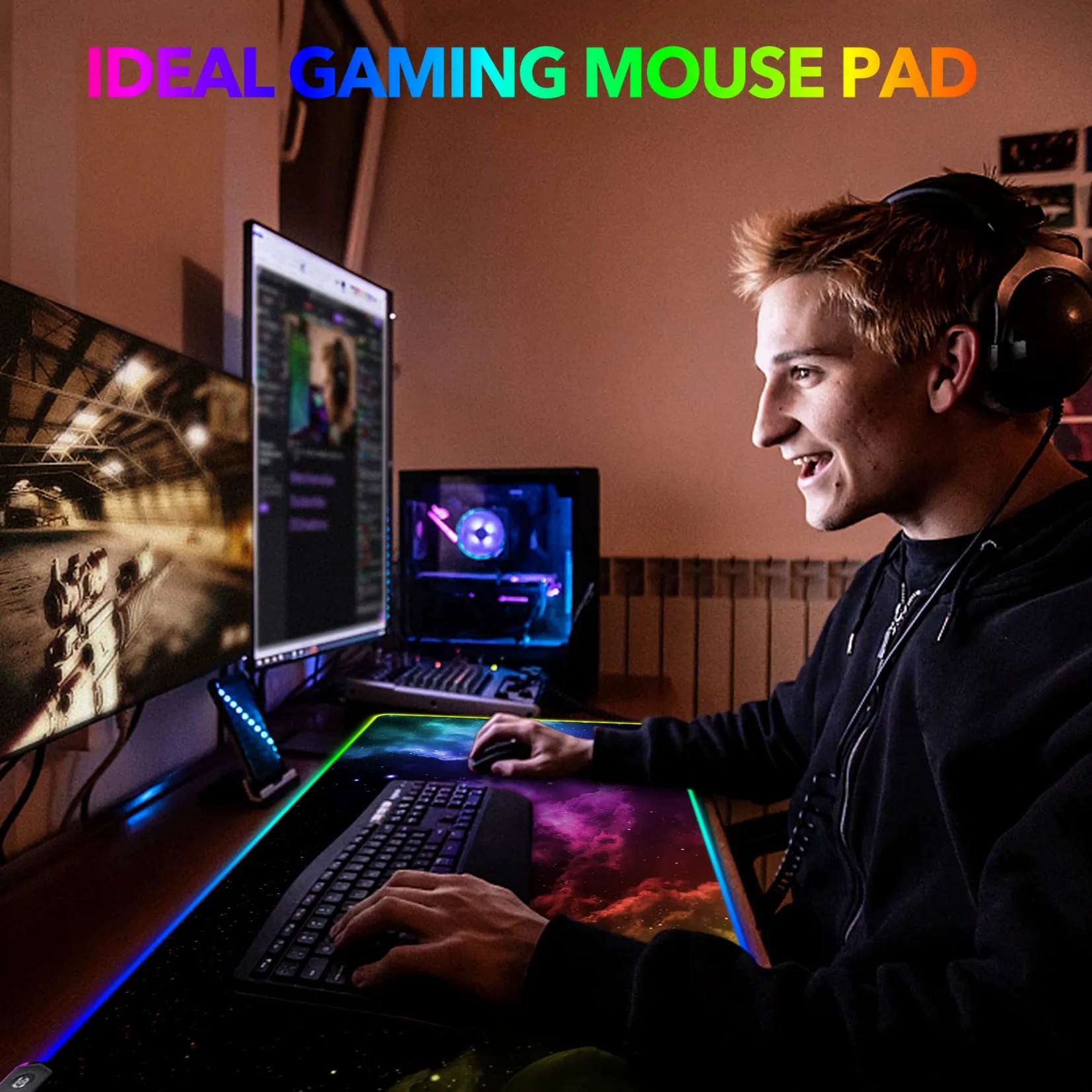 AIMSA Grande tappetino per mouse da gioco RGB, tappetino per mouse con tastiera LED esteso 89,9 x 40,1 cm, base in gomma antiscivolo con 14 modalità di illuminazione, grande tappetino da scrivania