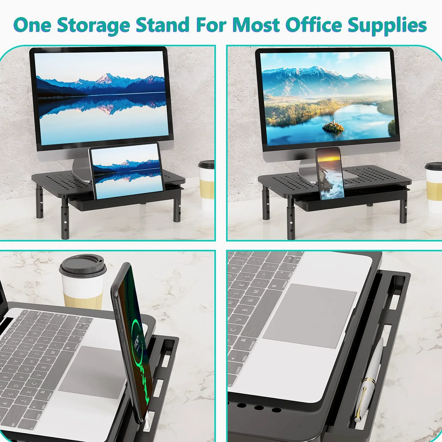 WALI Supporto per monitor del computer con contenitore, regolabile in altezza a 3 livelli, per laptop con prese d'aria, organizer da scrivania per computer, laptop, stampanti, notebook (STT003D-B),