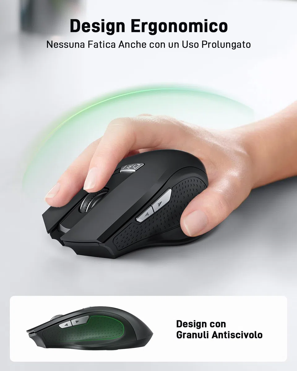 Acer Mouse Senza Fili, Mouse Wireless USB 2,4 GHz, Mouse Computer Ergonomico Con Mini Ricevitore USB, 6 Pulsanti, 1600 DPI, Compatibile con Laptop, PC, Mac, Chromebook