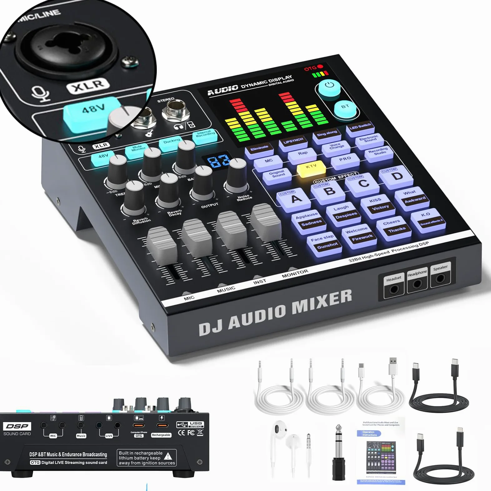 Scheda audio, mixer audio DJ con DSP, ingresso XLR, batteria integrata, scheda effetti sonori per live streaming, podcasting