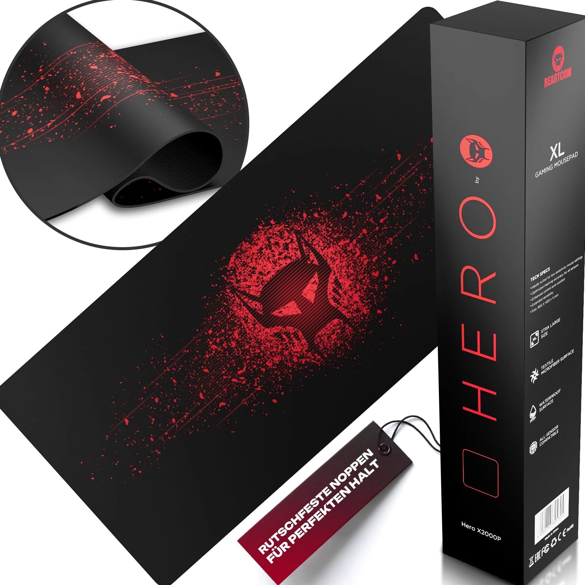 BEASTCOM Hero X2000R - Tappetino per mouse da gaming, colore rosso, XL (900 x 400 mm), base in gomma antiscivolo, facile da scivolare, materiali ecologici, bordi senza cuciture, sottomano da scrivania
