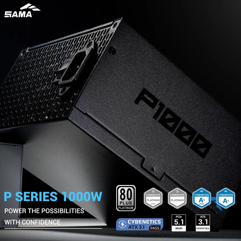 SAMA P1000 Alimentatore Completamente Modulare – 1000W 80 Plus Platinum, Compatibile con ATX 3.1 e PCIe 5.1 | Connettore 12V-2x6 per NVIDIA RTX 50/40, Ventola FDB Silenziosa – Nero