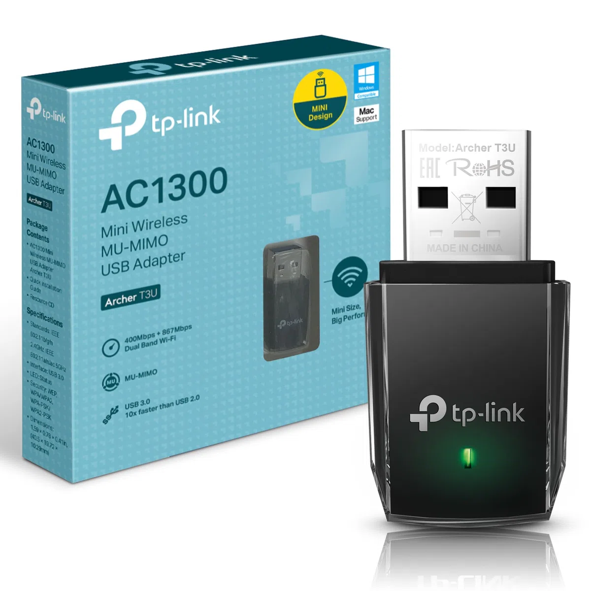 [Vecchio Modello] tp-link Archer T3U AC1300 mini mu-mimo adattatore USB wireless, WiFi Dongle per PC, desktop e laptop, supporta Windows 10/8.1/8/7/XP, Mac OS 10.9 – 10.13