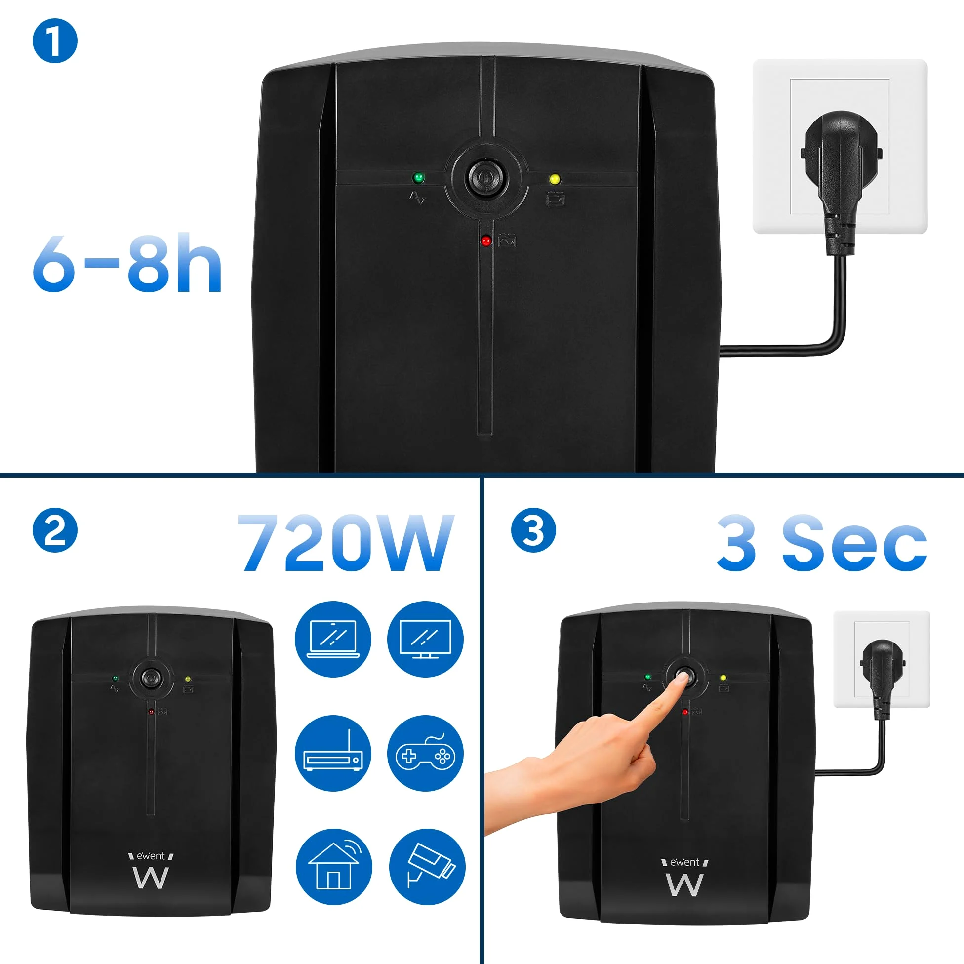 Ewent UPS Gruppo di continuità, Potenza 1300VA (720W) 250V, Protezione da Sovratensioni,Sbalzi Corrente e Blackout, Autonomia 20 min, 3 prese Schuko EU, AVR Line Interactive per PC, Modem, Console
