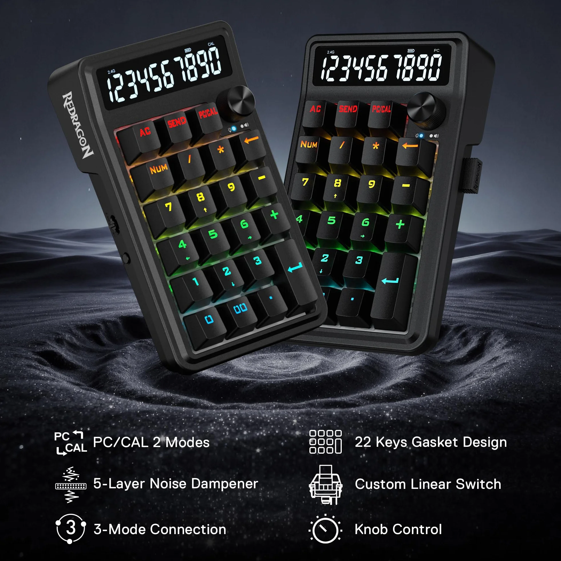 Redragon K733 PRO - Cuscinetto numerico RGB con guarnizione wireless, tastierino numerico meccanico a 22 tasti w/PC e modalità di calcolo, display calcolatrice a 10 cifre, controllo manopola