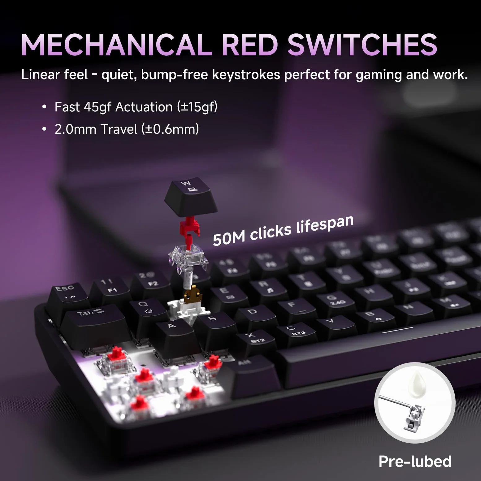 Dierya DK68 Tastiera Gaming Wireless,60% Tastiera Meccanica Bluetooth/2.4G/USB-C RGB,Interruttore Rosso,Double-Shot ABS Keycaps Compatibile con Win/Mac,Nero(Layout US,QWERTY)