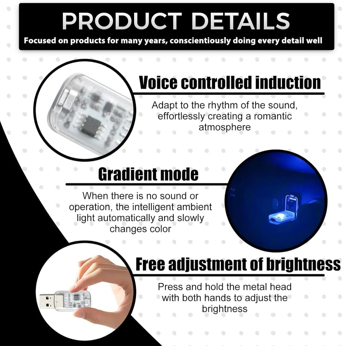 2 luci LED USB per auto, 0,5 W, a risparmio energetico, illuminazione ambientale con sensore musicale, mini RGB illuminazione interna per auto e laptop, luce notturna morbida bianca