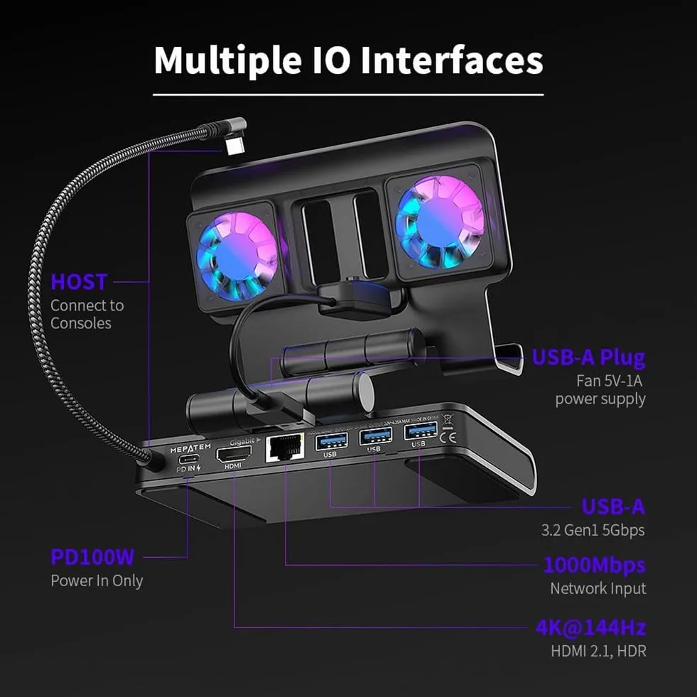 Docking station con ventole di raffreddamento per console portatili | HDMI 4K a 144Hz | Ricarica rapida 85W | Gigabit Ethernet | Hub USB 3.1 | Compatibile con Ally-X| Deck| Per (nero)