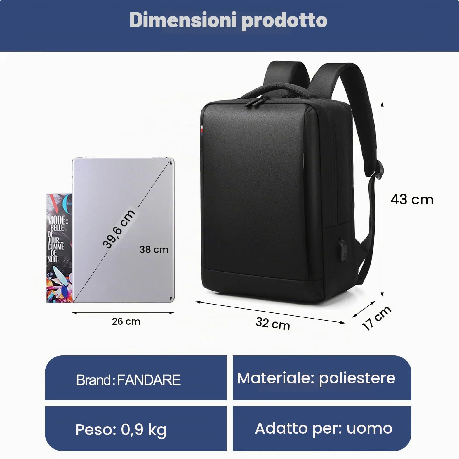 FANDARE Zaino Ufficio Uomo Zainetto Scuola con porta di ricarica USB per 15.6 Pollici PC Portatile da Donna Daypacks per Business Viaggio Lavoro Impermeabile
