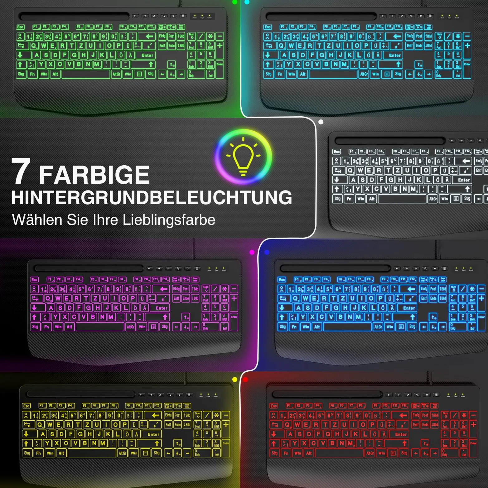 SABLUTE Tastiera Cavo USB illuminato ergonomico per PC - Retroilluminazione a 7 colori, grande pressione, supporto per telefono, facile da leggere