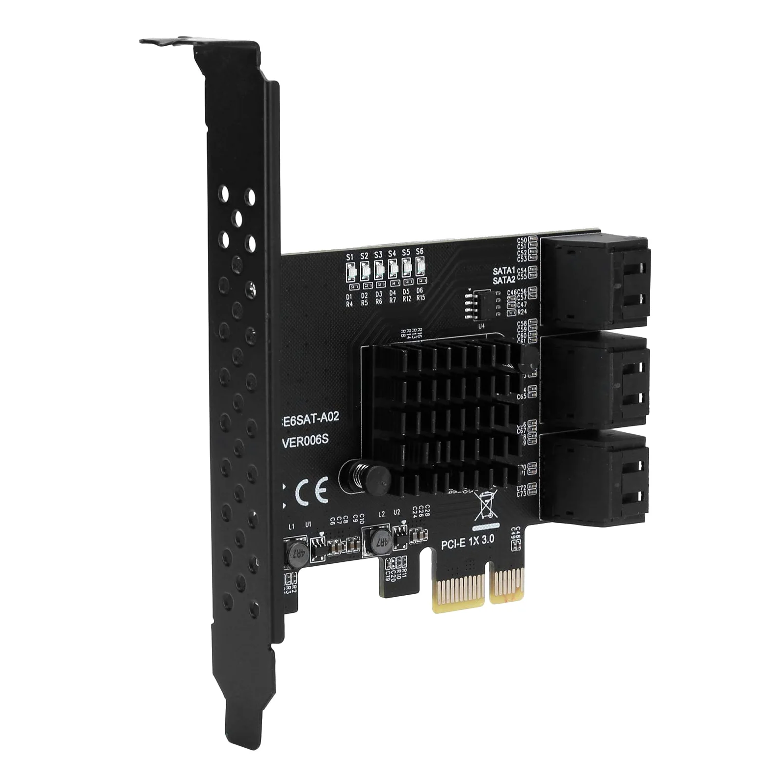 GOWENIC Scheda di Espansione PCIe a 6 Porte Scheda Controller 6G con ASM1166, Host PCI-E 4X 8X 16X, Indicatore di attività LED Blu, Dissipatore di Calore, Plug and Play per