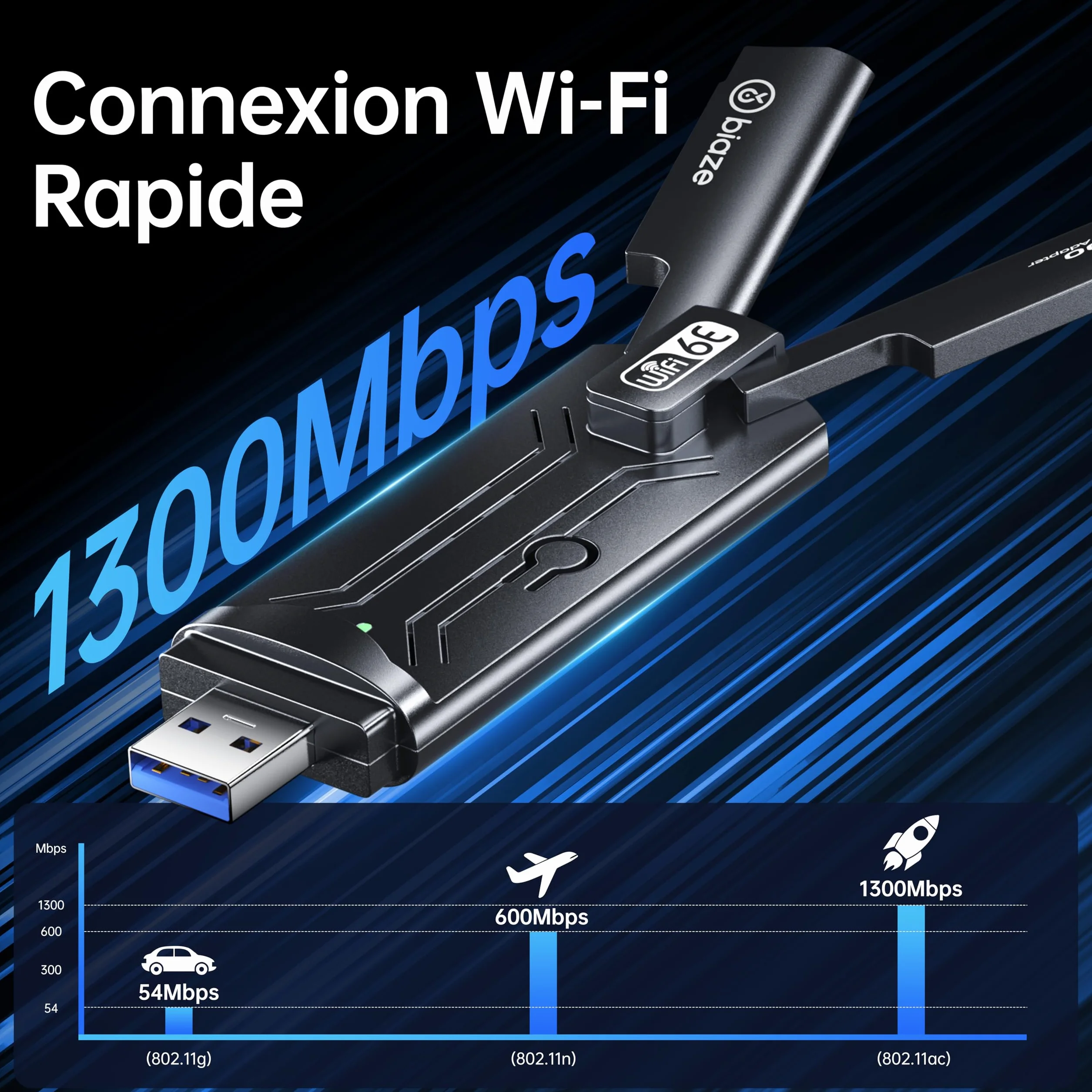 Adattatore Wireless WiFi 6E 5400 Mbps USB 3.0 - Adattatore WiFi dual band gaming per PC e laptop, scheda di rete WiFi 6E con antenna esterna (WiFi6E 5400 Mbit/s)
