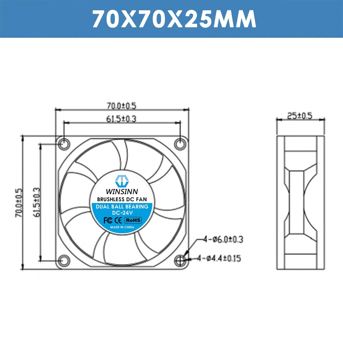 WINSINN Ventola DC 7025 da 70 mm, 12 V, con doppio cuscinetto a sfera, senza spazzole, 70 x 25 mm, 2 pin (confezione da 2 pezzi)
