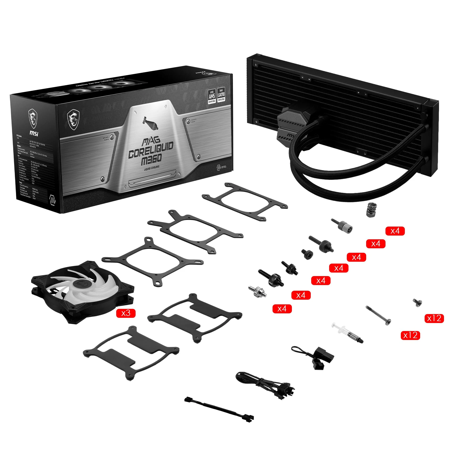 MSI MAG CORELIQUID M360 Dissipatore a liquido - 12 vie con flusso diviso, tubi flessibili a prova di evaporazione, supporto di socket attuali come AM5 e 1700