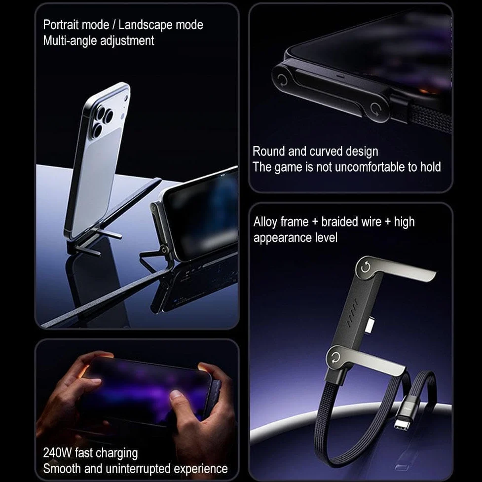 Cavo USB-C intrecciato a ricarica rapida con supporto per telefono integrato, cavo pieghevole a forma di T a 90 gradi, caricabatterie multifunzionale, lunghezza 1,5 m, design ad angolo retto