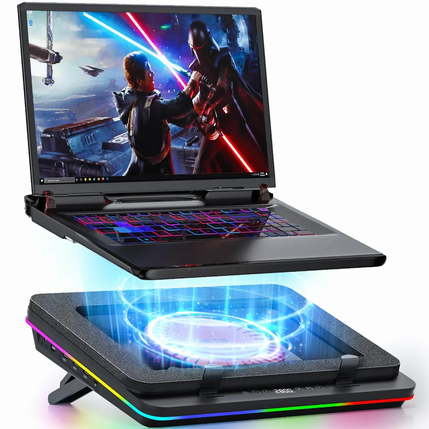 IETS GT600 - Tappetino di raffreddamento RGB per computer portatile con ventola turbo gigante (14 cm di diametro), in schiuma sigillata per un raffreddamento rapido, raffreddamento del computer