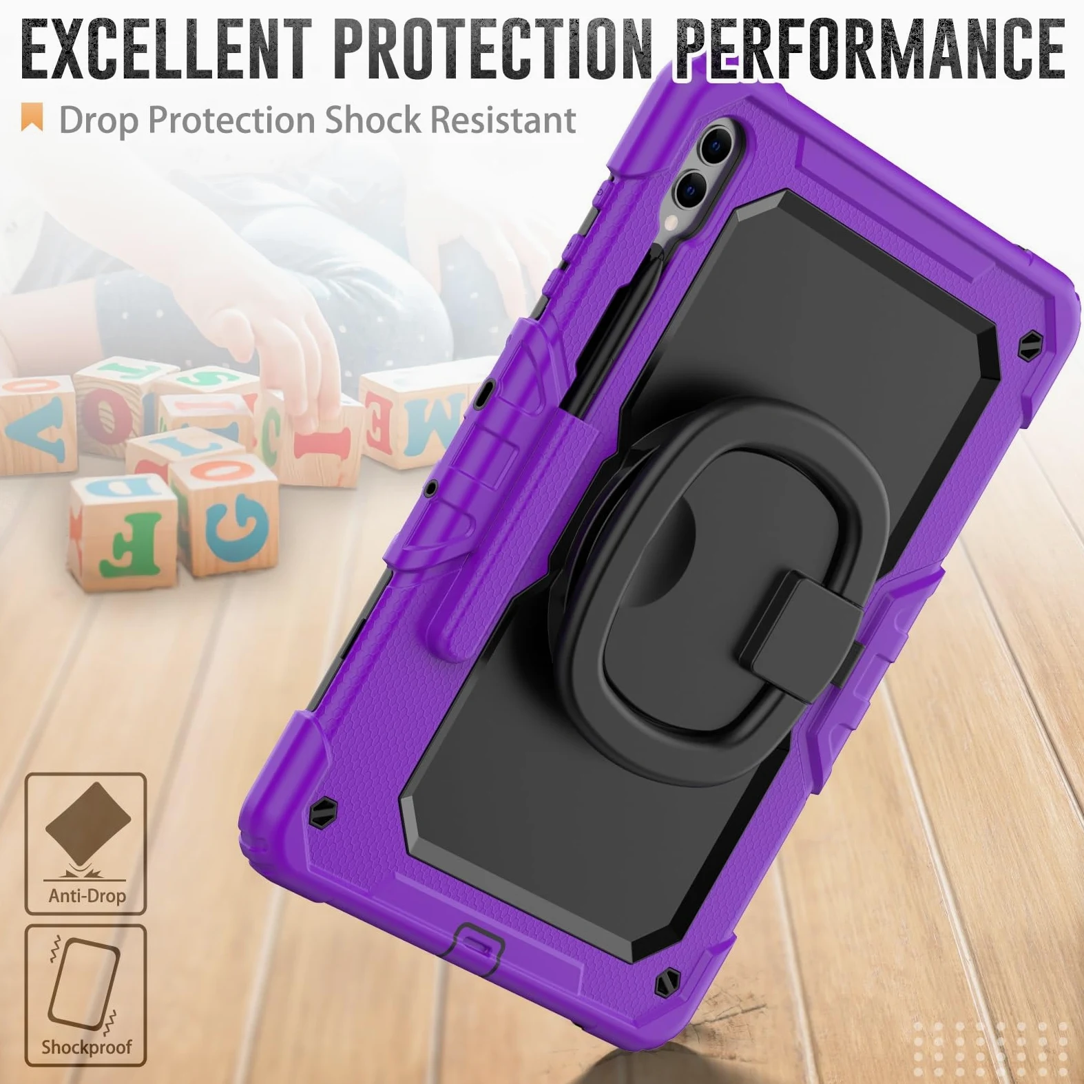 Custodia in TPU Resistente e Antiurto For Samsung Galaxy Tab S10 Plus 12.4" 2024 SM-X820/X826B/X828U For Bambini, Maniglia Girevole a 360 Gradi Staffa di Supporto W Protezione Schermo+Tracolla(Mor)