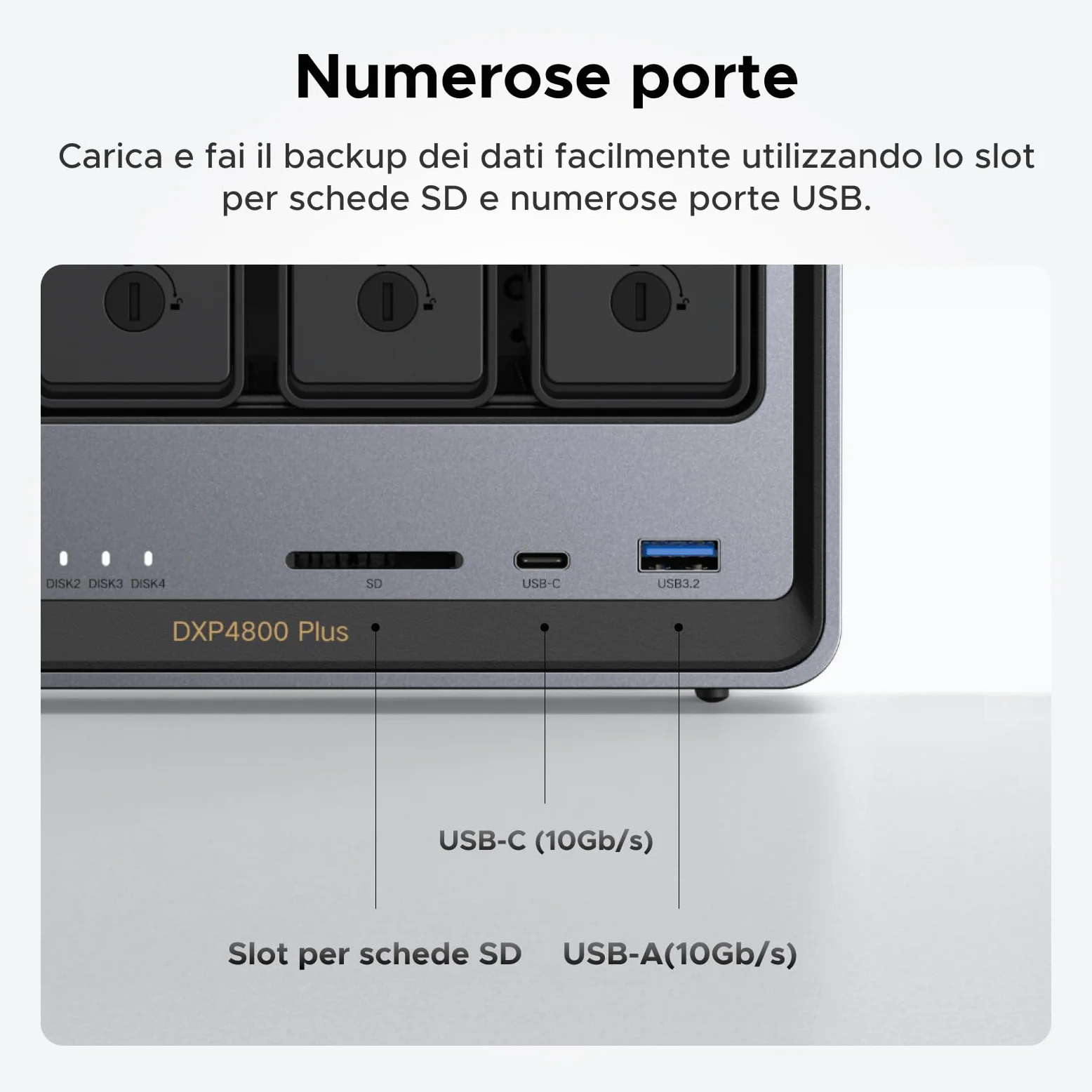 UGREEN NASync DXP4800 Plus, NAS desktop a 4 bay, CPU Intel Pentium Gold 8505 a 5 core, RAM DDR5 da 8 GB, SSD da 128 GB, 1 * 10 GbE, 1 * 2,5 GbE, 2 * slot M.2 NVMe, HDMI 4K (senza disco)