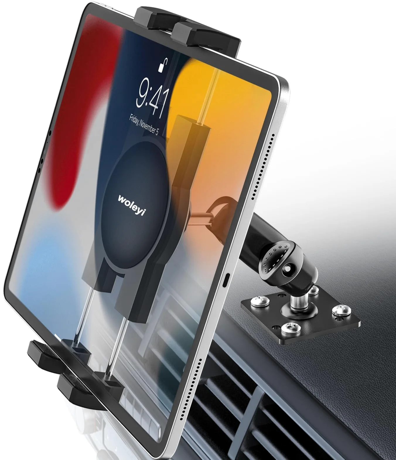 Supporto Tablet Auto con Base Trapano, Supporto Tablet Cruscotto per Veicolo Camion Camper Barca con Braccio Metallico Regolabile per iPad Mini, Air, Pro, Galaxy, Kindle, Fire, Telefono, 4-13"