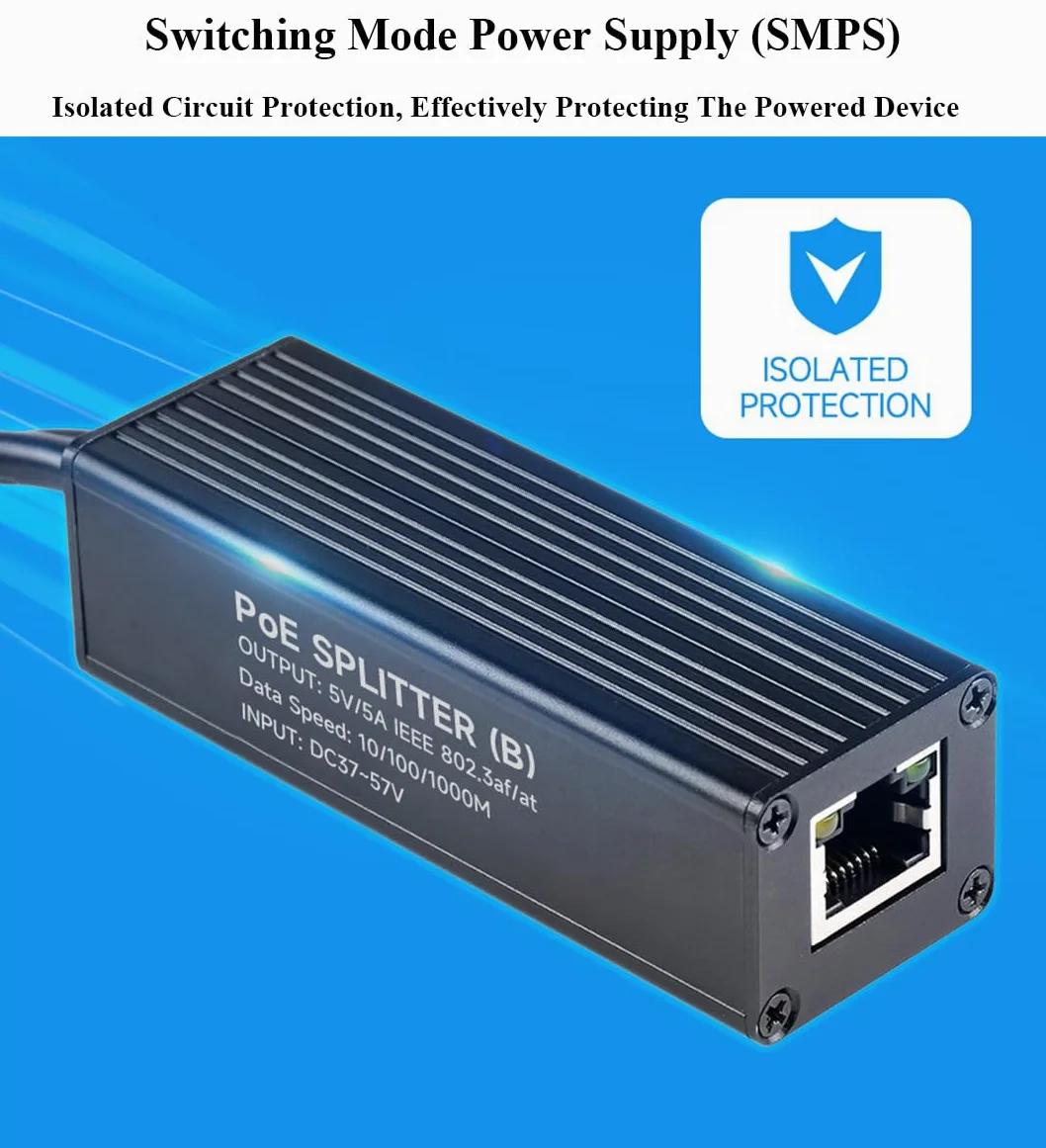Splitter industriale Gigabit PoE 5V 5A 25W uscita, 1000Mbps, porta USB di tipo C | Power Over Ethernet Splitter compatibile con Raspberry Pi 5 4B 3B+ 3B/telecamera di rete