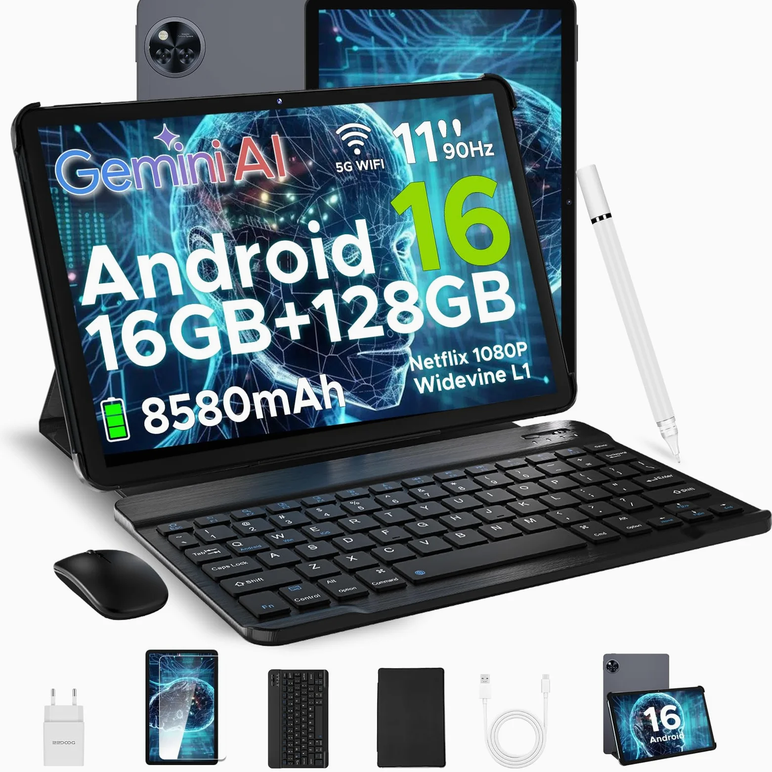 U11 Android 16 Tablet 11 Pollici Gemini AI, 16GB+128GB/2TB TF, 90Hz, 8580mAh, Tablet con Tastiera e penna, Mouse, Case, Gaming Tablets Unisoc T7200 Octa Core/13MP+5MP/WiFi 5/Face ID, Grigio