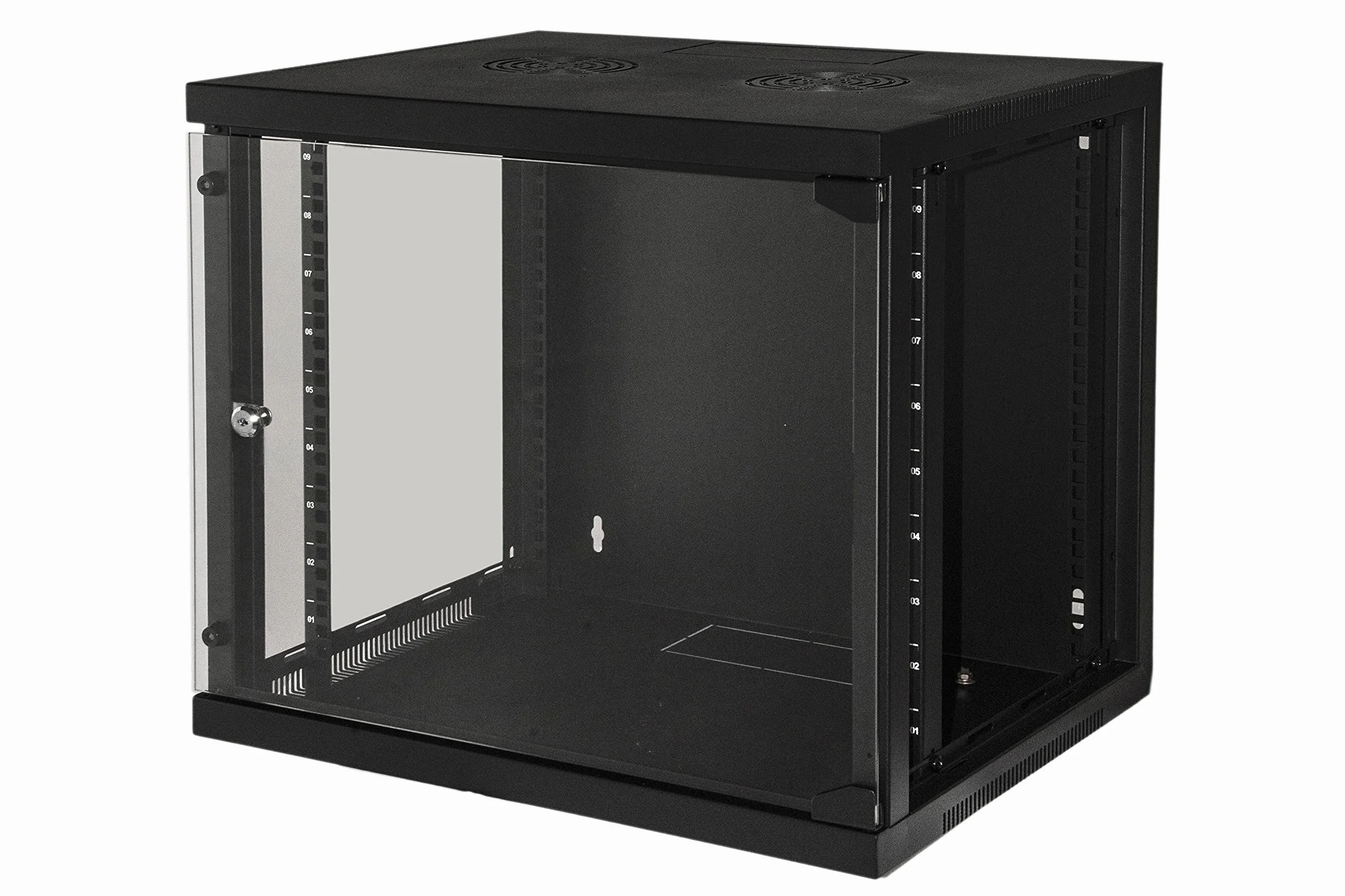 LINK LK1909UN armadio rack 19" 9 unità da muro per reti con fianchi apribili e porta in vetro temprato nero dimensioni 54x45x48,5 cm capacità di carico 50 kg include kit montaggio