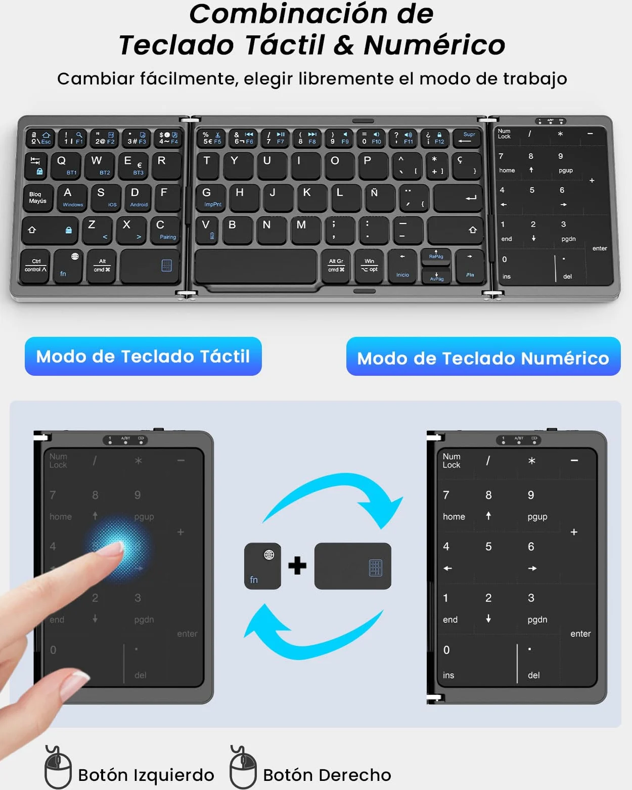 MoKo Tastiera Bluetooth Pieghevole, Spagnola Tastiera Portatile Pieghevole | con Touchpad e Tastiera Numerica, Wireless Tastiera Ricaricabile Multi-Dispositivo per Windows iOS Android Tablet/Phone