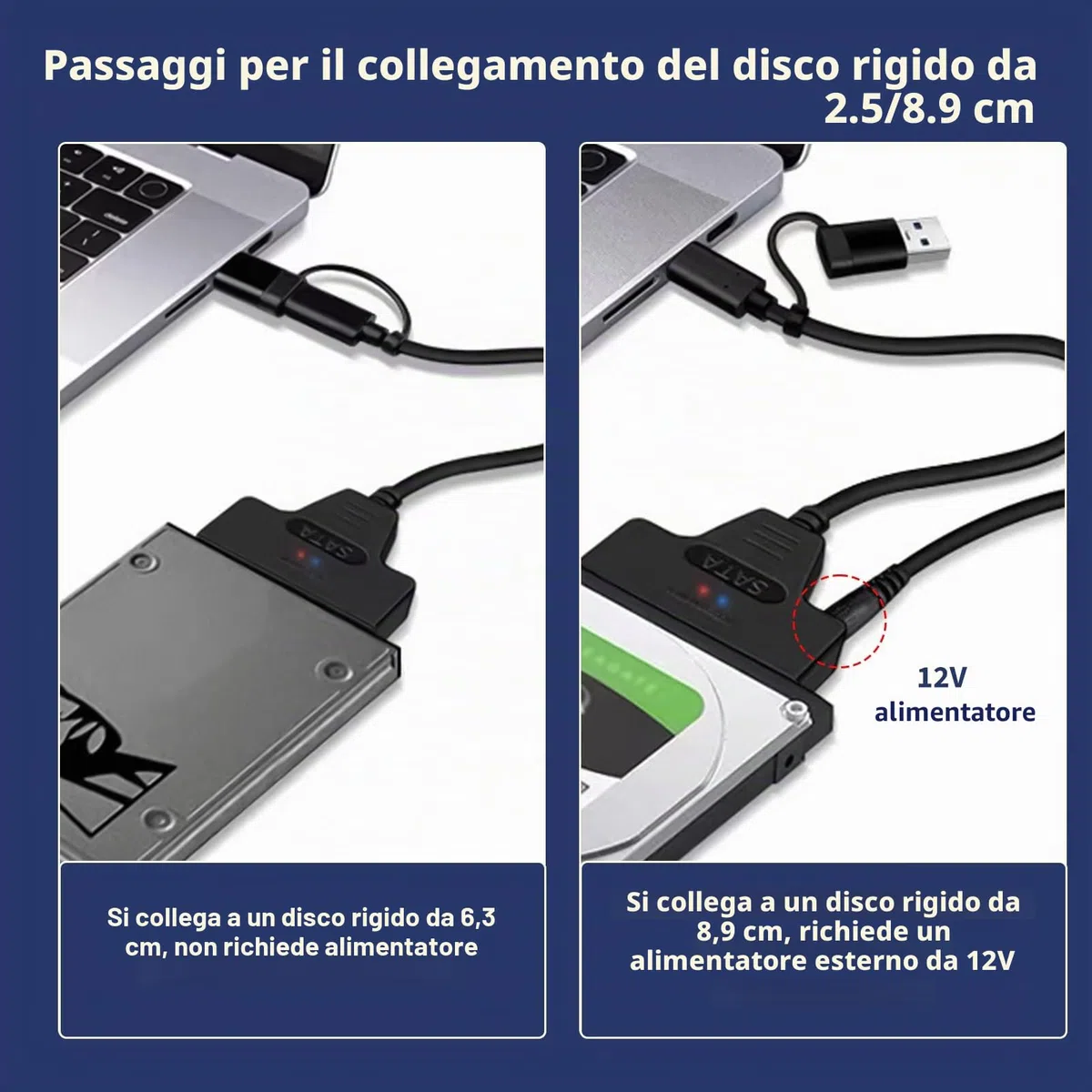 Adattatore SATA USB, Cavo SATA to USB 3.0 per Disco Rigido, Hard Drive SSD/HDD 2.5" e 3.5" con Cavo di Ricarica, Adattatore di Alimentazione 12V 2A per Trasferimento Dati, Backup e Espansione Memoria