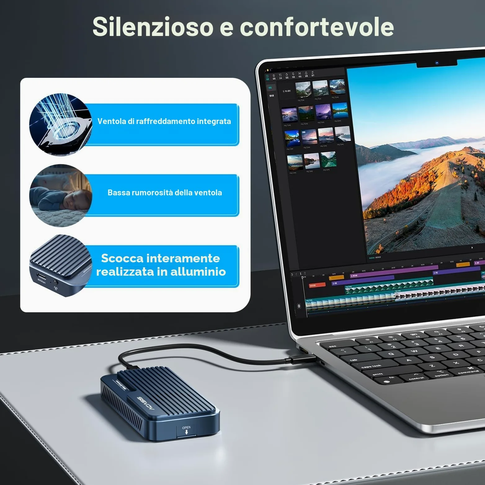 ACASIS Case SSD M.2 NVMe da 80 Gbps, compatibile con Thunderbolt 4/5 V2.0, retrocompatibile con thunderbolt 5/4V1.0, USB3.2/3.1/3.0 con ventola di raffreddamento