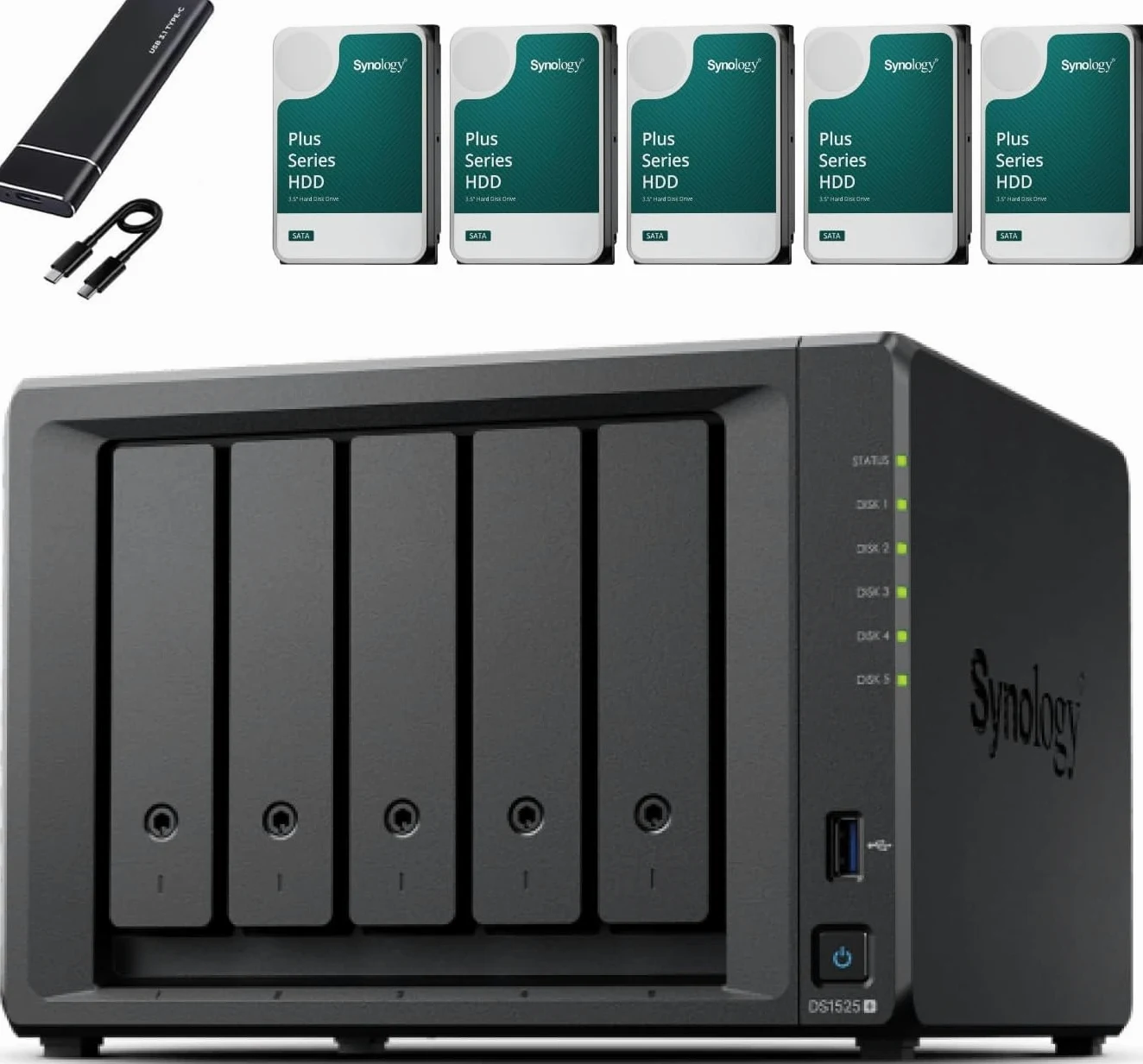 Synology DS1525+ - Set server NAS a 5 bay (8 GB RAM, 10 TB di memoria), 5 dischi rigidi NAS da 2 TB, dispositivo di archiviazione di rete desktop ad alte prestazioni, con SSD esterno