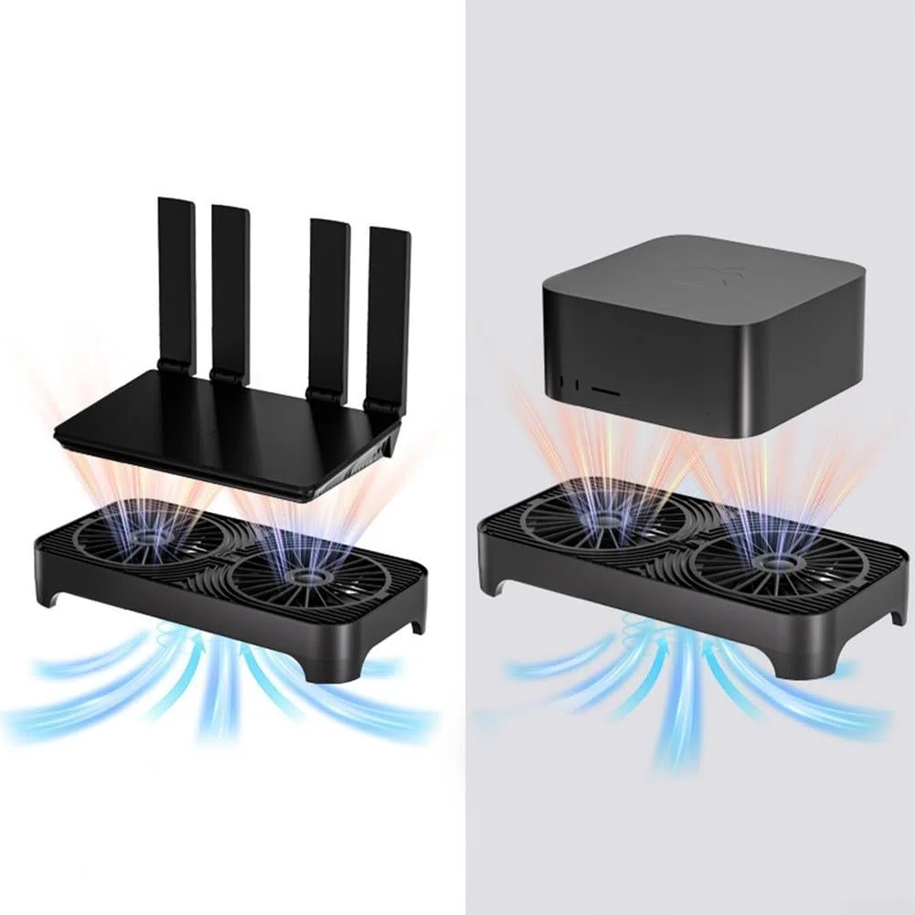 Base di raffreddamento a doppia ventola, ventole silenziose da 140 mm per router, modem e mini PC, supporto di raffreddamento ammortizzante, nero