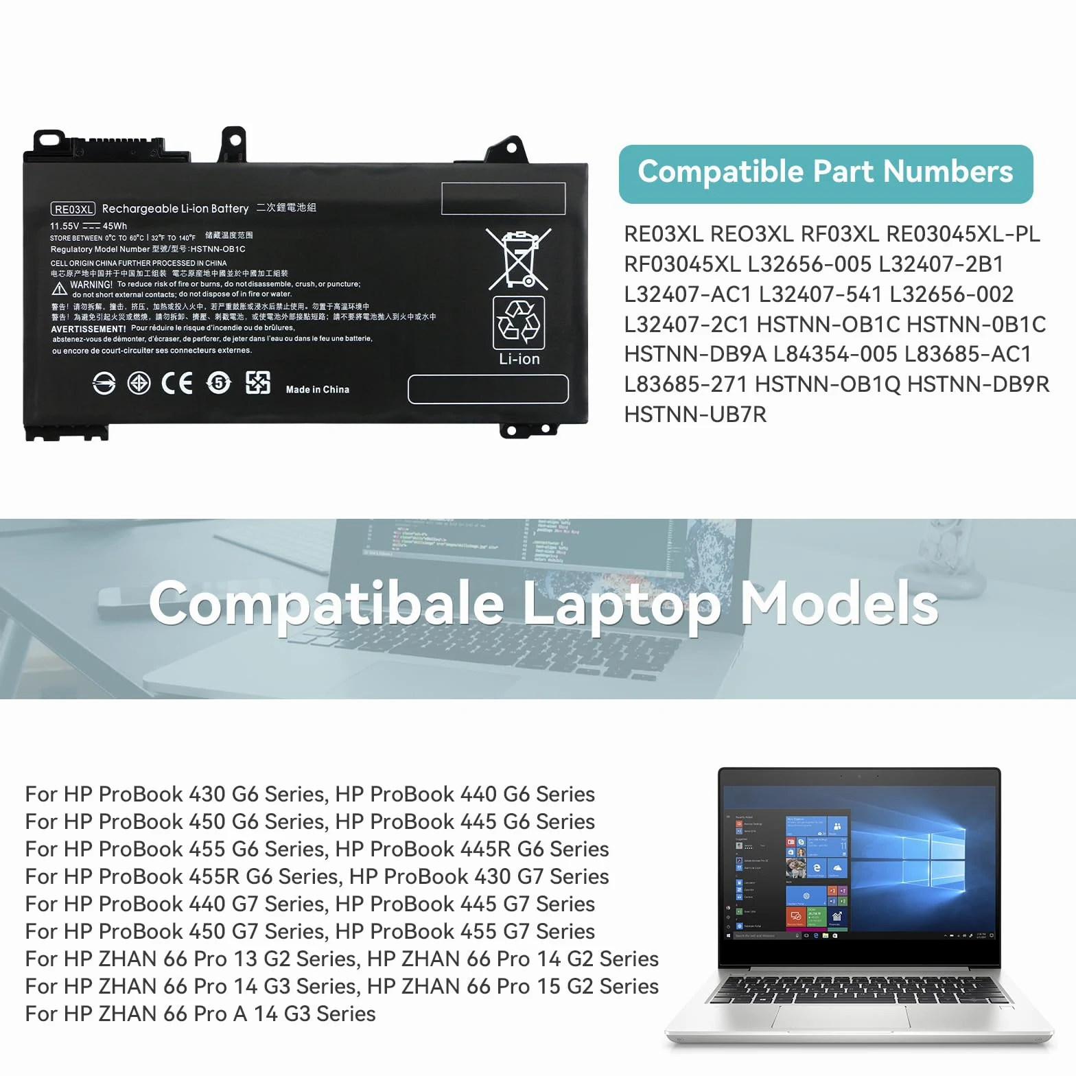 RE03XL RF03XL Batteria per HP ProBook 430 440 450 445 455 445R 455R G6 430 440 445 450 455 G7 REO3XL RE03045XL-PL L32407-AC1 L32407-2B1 L32407-2C1 HSTNN-OB1C 0B1C HSTNN-DB9A L83685-AC1 HSTNN-UB7R