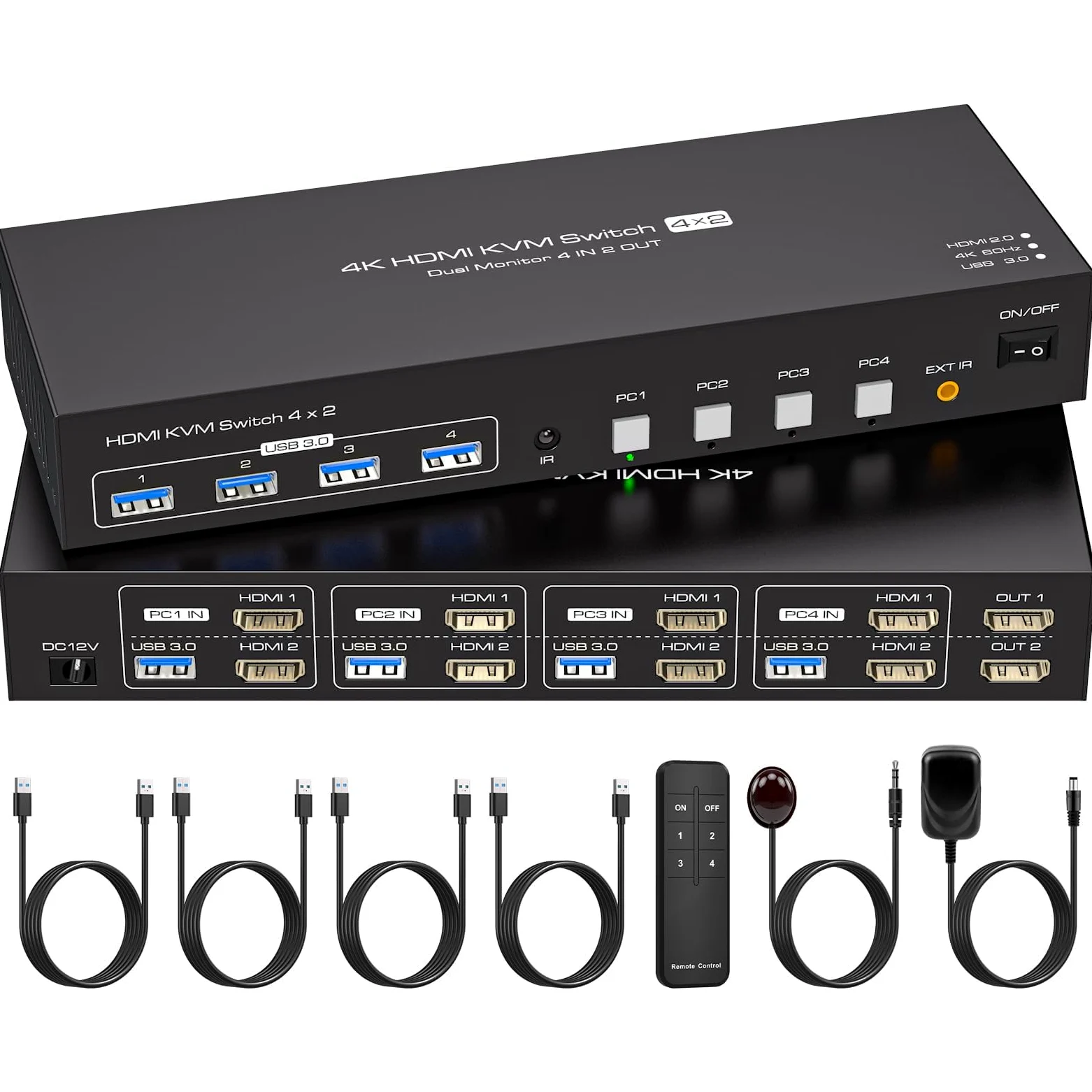 VPFET Switch KVM a 4 porte HDMI 4 PC 2 monitor 4K60Hz KVM switch simulazione EDID per 4 computer, 2 monitor e 4 porte USB 3.0 con adattatore DC12 V e 4 cavi USB 3.0