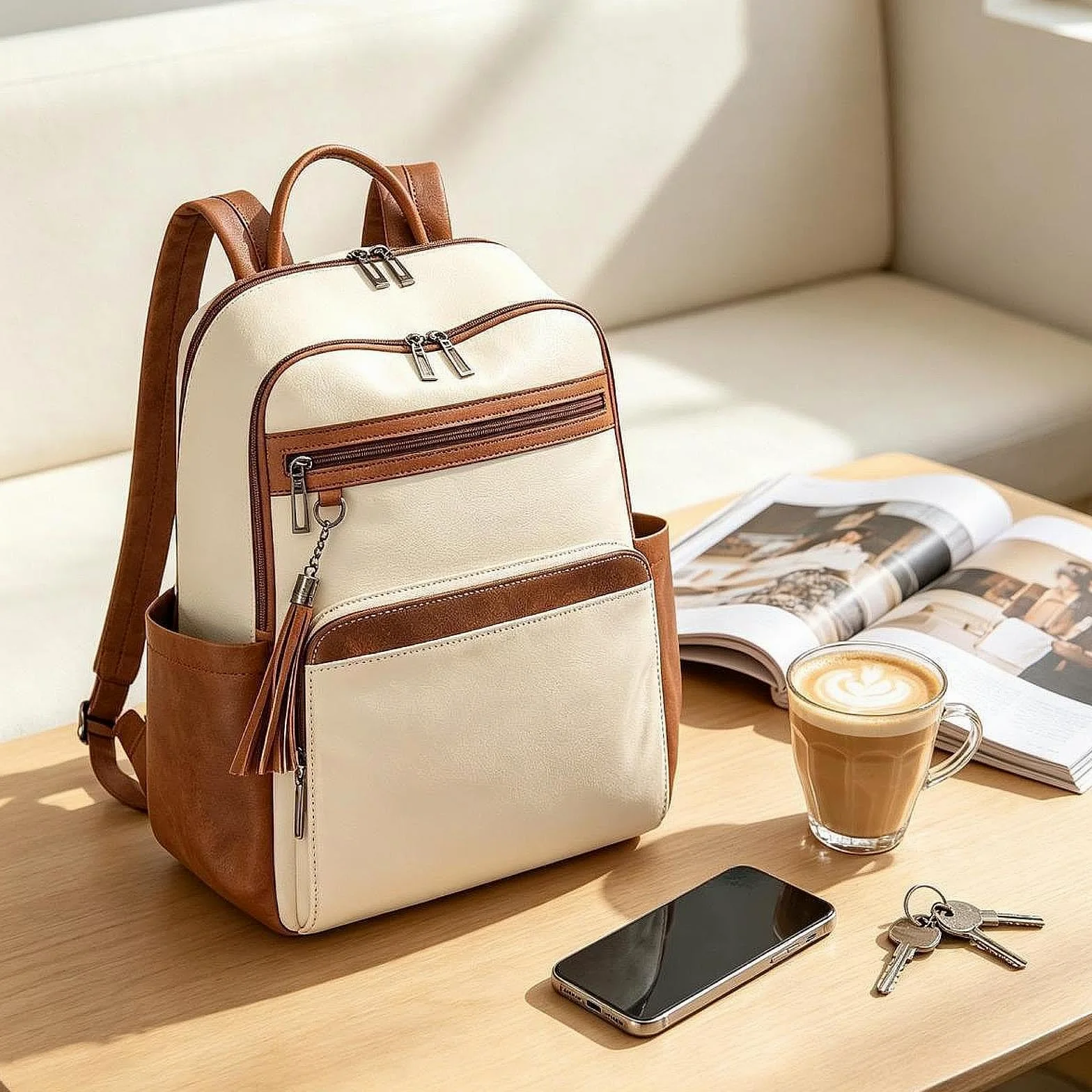 Zaino da Viaggio, Borsa per Il Weekend, Zaino per Viaggiare, per Pendolarismo, per Spostamenti Quotidiani, Bianco Marrone
