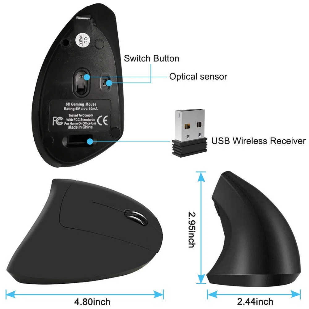 Mouse Verticale Ergonomico Wireless USB Ricaricabile Ottico 2.4G ad Alta Precisione Adjustable 800/1200/1600 DPI, 5 Pulsanti Per PC/Laptop/Mac