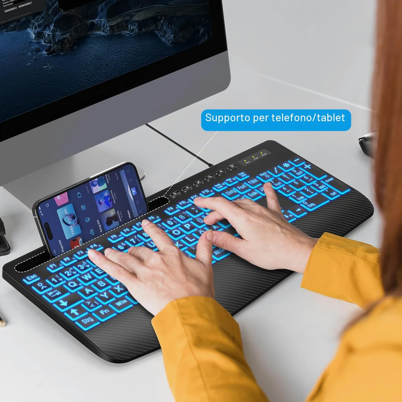 SABLUTE Tastiera Cavo USB illuminato ergonomico per PC - Retroilluminazione a 7 colori, grande pressione, supporto per telefono, facile da leggere