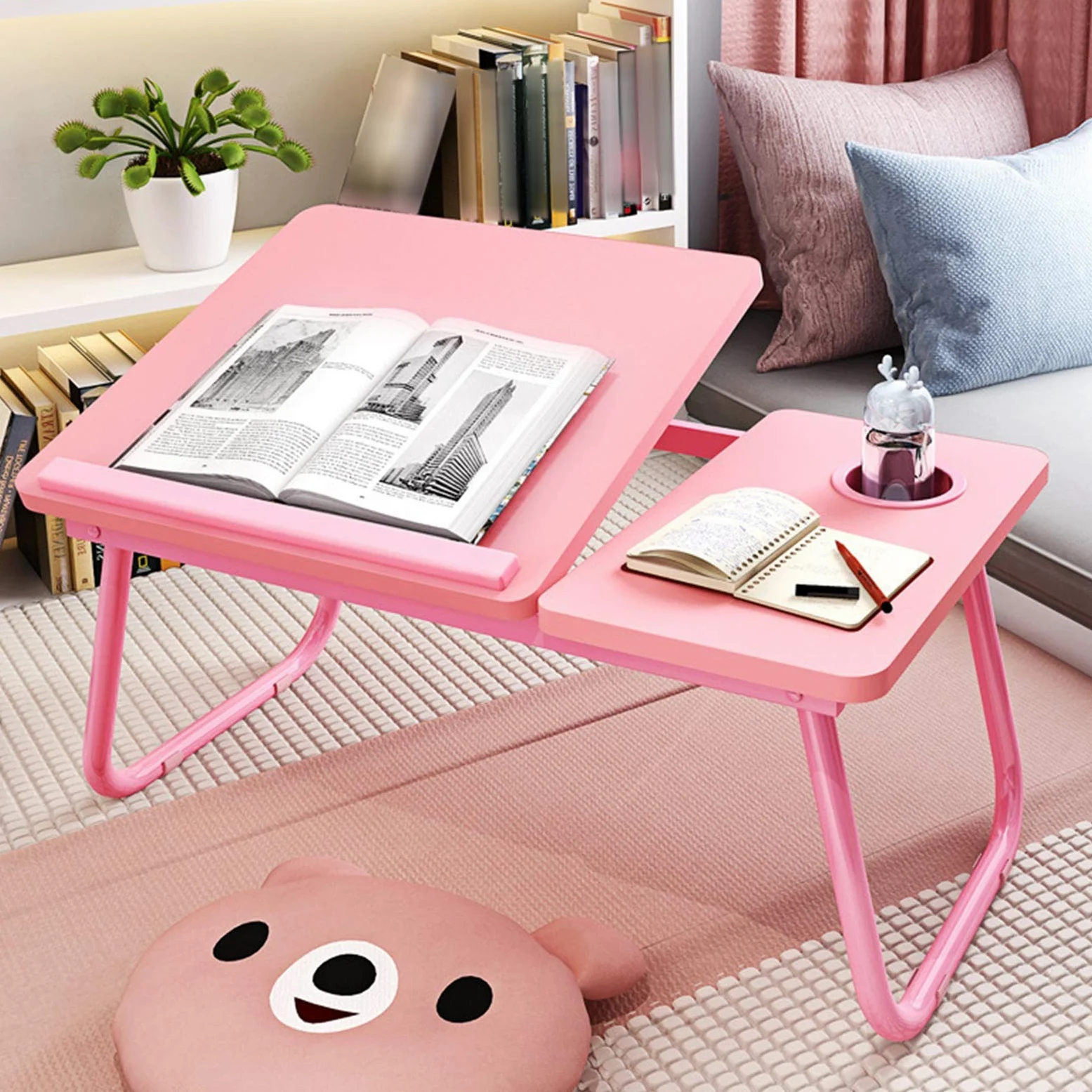 RENRUIRUI- Tavolo Pieghevole da Letto Laptop da Casa Piccola E Compatta per Dormitorio per Studenti con Portabicchieri E Ripiano Inclinabile (Color : Pink)