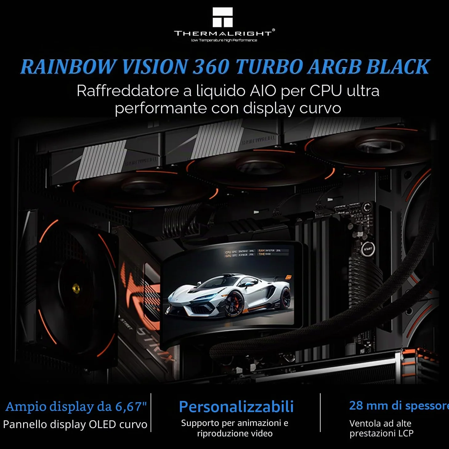 Thermalright Rainbow Vision 360 TURBO ARGB Nero Radiatore Liquido CPU, per AM5/Intel LGA1851/1700, 6,67 pollici Ventosa Magnetica Curva Schermo con Risoluzione 2400 x 1080
