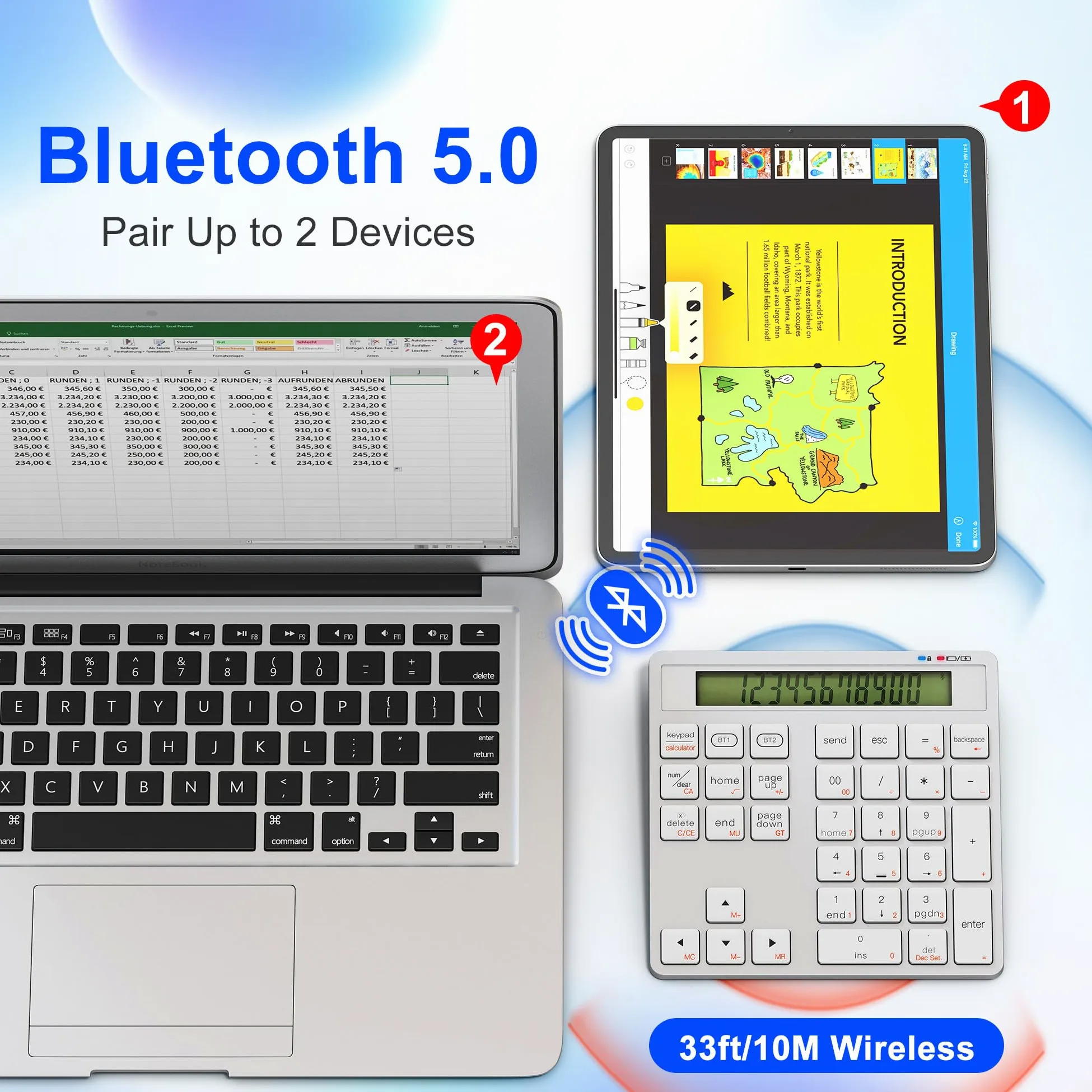 Rytaki Pro ​​Tastierino Numerico Wireless con Calcolatrice - 34 Tasti Tastierino Numerico Bluetooth per mac/PC/Laptop/MacBook/Windows/iOS e Android​（Ricarica USB-C）