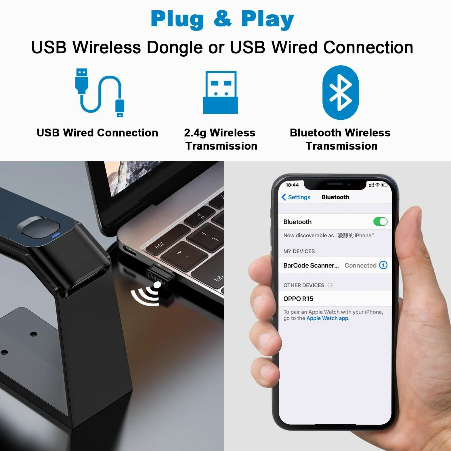 Scanner portatile per documenti Scanner di codici a barre wireless QR 1D/2D con supporto, scansione automatica disponibile, batteria ricaricabile da 1800 mA*H