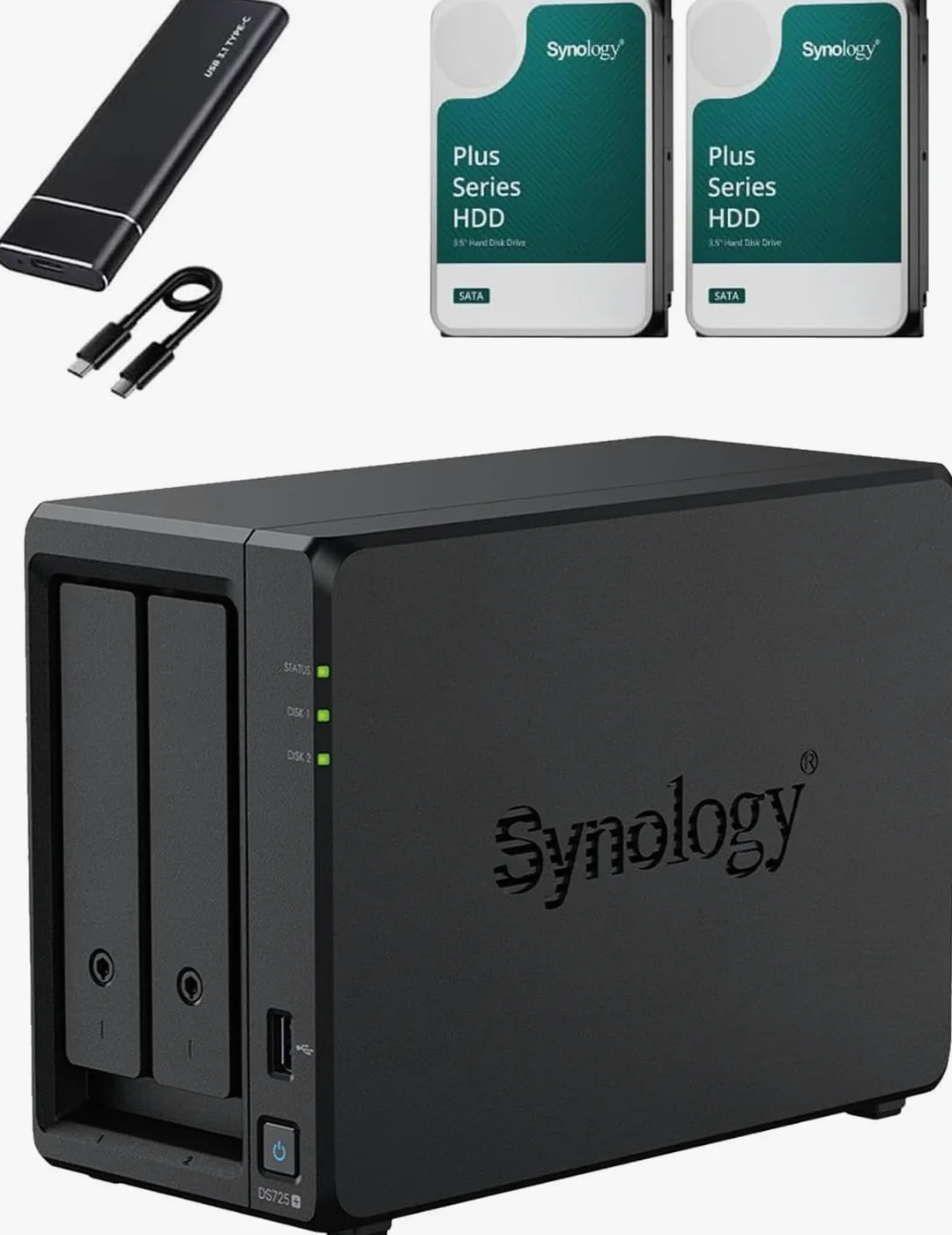 Synology DS725+ 2 sloti 32GB RAM, AMD Ryzen R1600, preconfigurato con 16TB (2 x 8TB HDD), cache da 1TB (2 x 512GB NVMe) + SSD esterno 512GB