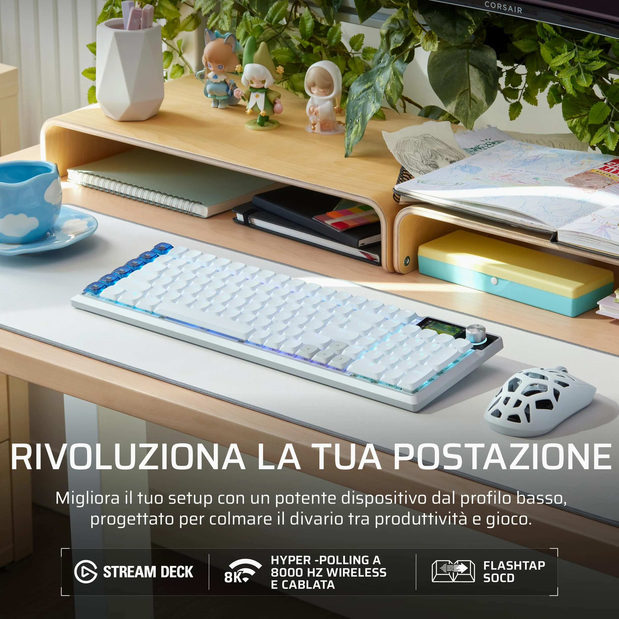 Corsair VANGUARD AIR 99 WIRELESS Tastiera Da Gioco a Basso Profilo – Bianco | Ottico-Meccanica RGB, QWERTY IT, Layout al 99%, Interruttori OPX, Polling 8000 Hz, Integrazione Stream Deck, Flashtap SOCD