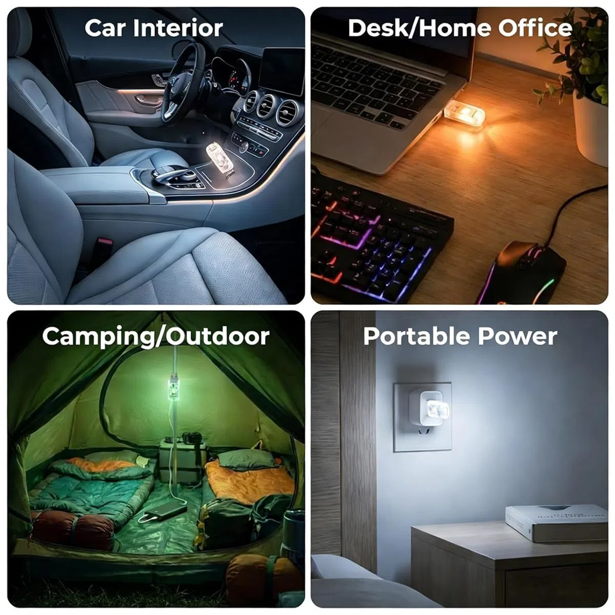 2 luci LED USB per auto, 0,5 W, a risparmio energetico, illuminazione ambientale con sensore musicale, mini RGB illuminazione interna per auto e laptop, luce notturna morbida bianca