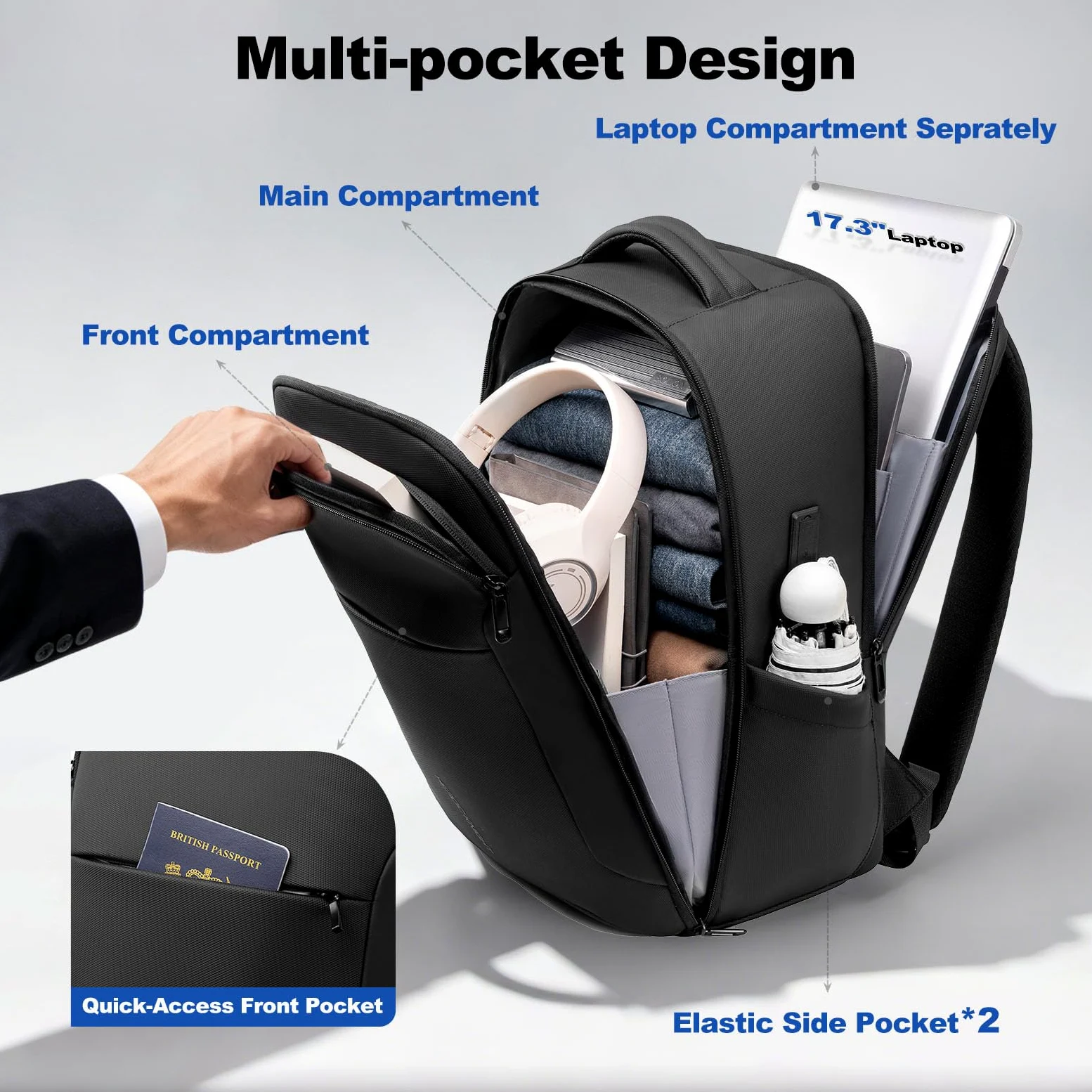 30L Zaino Viaggio Cabina Aereo 40x30x20 per 17.3''Laptop | Zaino Business Uomo con USB A&C, Zaino Porta PC Computer Impermeabile Antifurto per Lavoro Ufficio Università, Nero