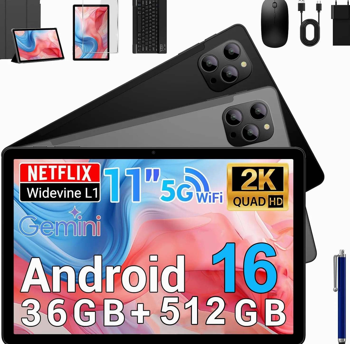 Tablet Android 16-11 Pollici Tablet in Offerta con Octa Core T615,36GB RAM + 512GB ROM (2TB TF), 5G WiFi,Gemini AI,Widevine L1,8000mAh,18W,Foto AI 16MP+8MP, TÜV, GPS,con Tastiera+Mouse,Grigio