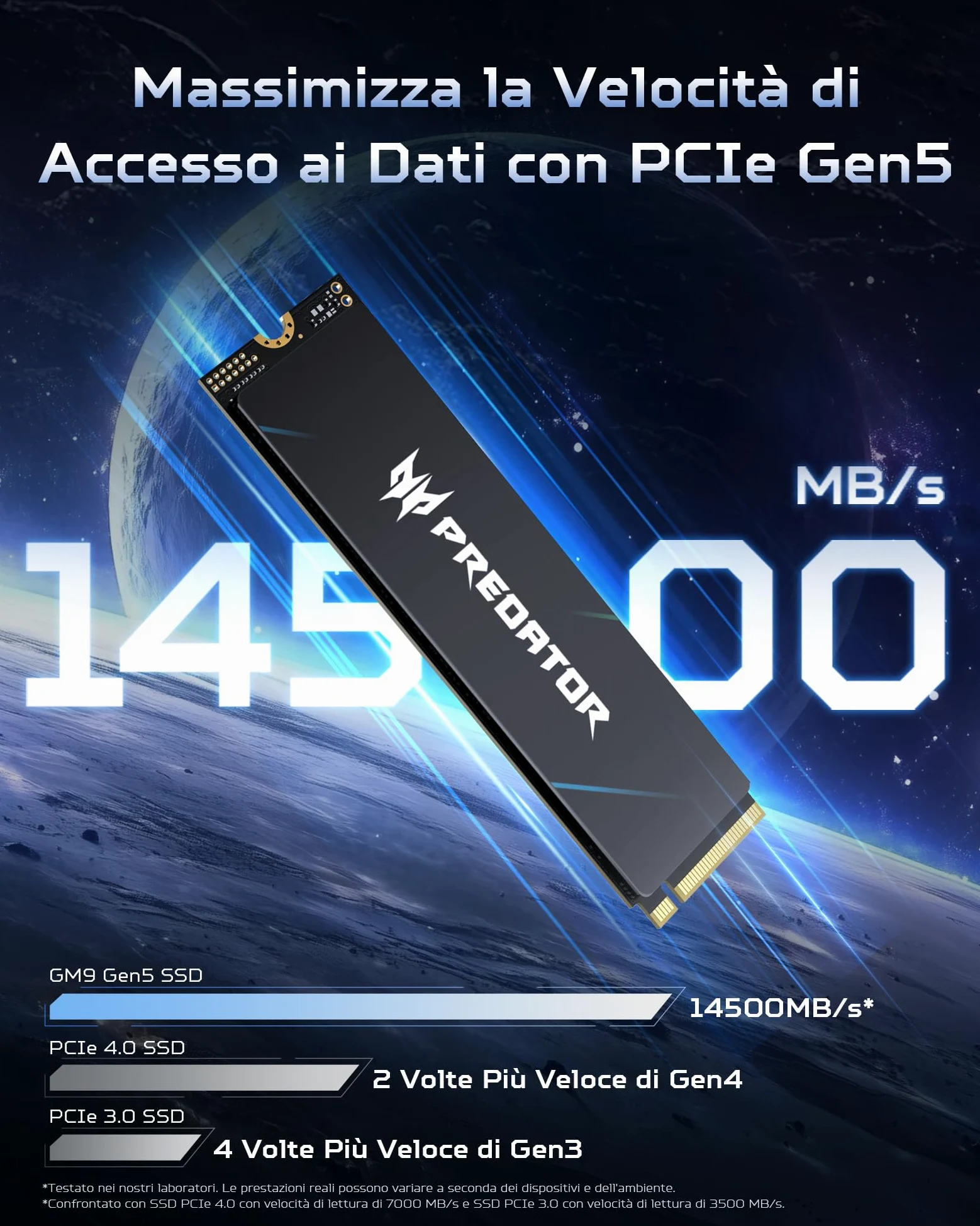 Acer Predator GM9 M.2 NVMe SSD 1TB PCIe 5.0 – Velocità di lettura fino a 14500 MB/s – Disco interno Gen5 per uso professionale – Alimentazione per il gioco compatibile con PC e laptop.