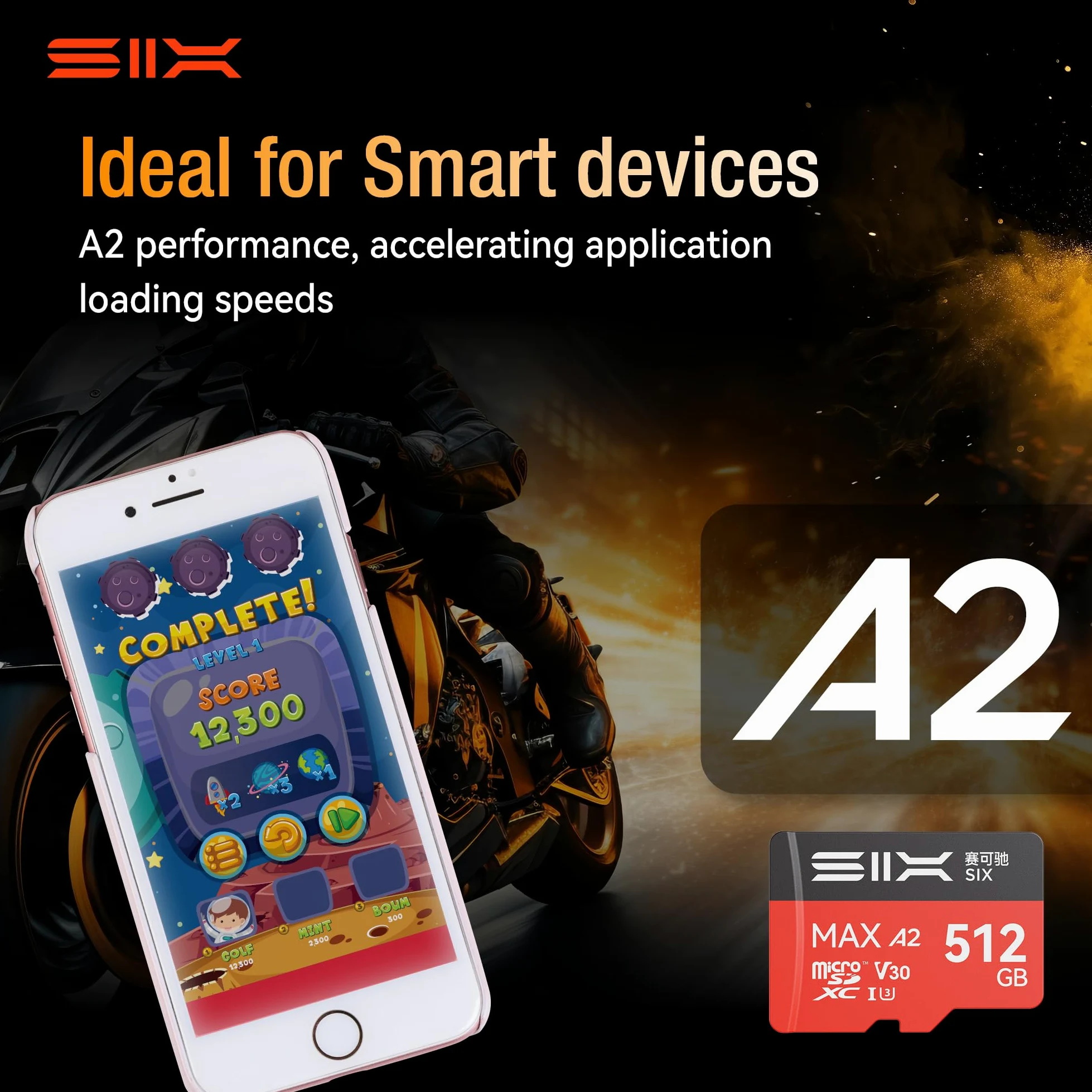 SIX Scheda micro SD M200 da 256 GB, lettura fino a 190 MB/s per registrazione continua 4K UHD, scheda di memoria microSDXC A2, U3, V30, da 256 GB, con adattatore per action camera, droni, console di