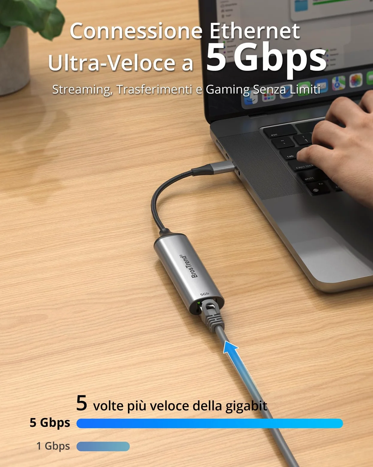 BrosTrend 5Gb Adattatore Ethernet USB C Plug & Play, Alluminio Adattatore di Rete Ethernet LAN per PC MacBook Pro/Air, iPad (Thunderbolt 5/4/3), Compatibile con Windows, MacOS iOS etc. Garanzia a Vita
