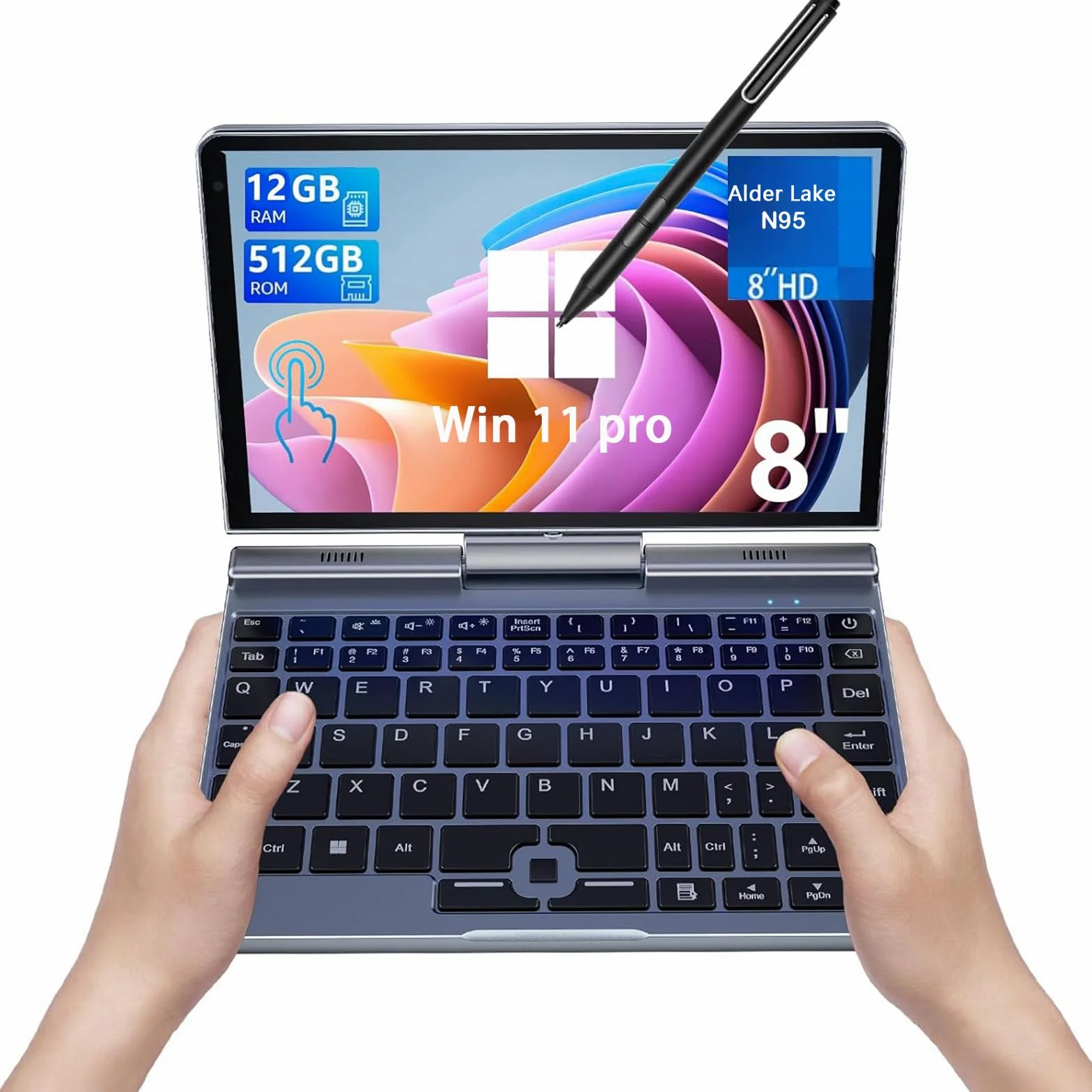 8" Touchscreen Laptop, Mini Laptop 2 in 1 con Tastiera 12GB LPDDR5-RAM, 512GB/1TB SSD, Wi-Fi 6, BT 5.2, HDMI, fotocamera 2 MP, computer convertibile (N150-12GB+512GB)